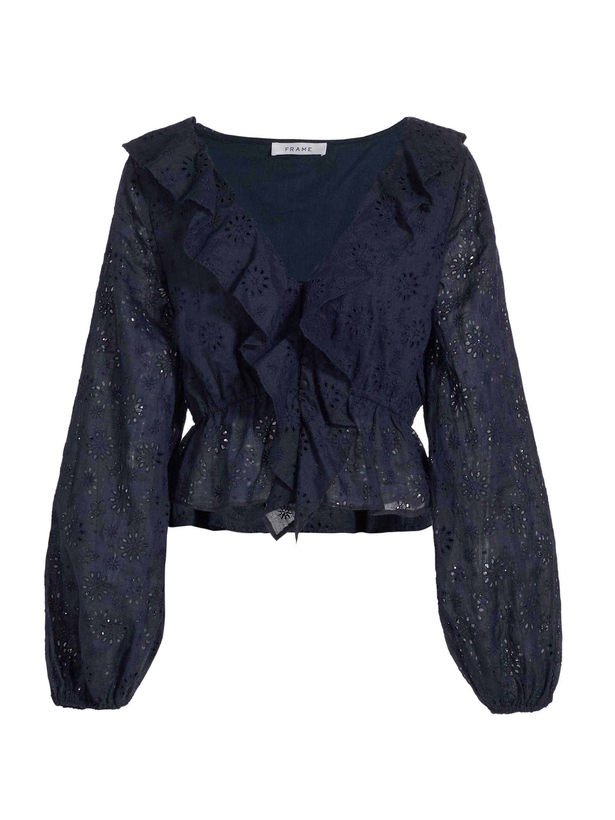 Frame Women's Ruffled Eyelet Blouse - Navy