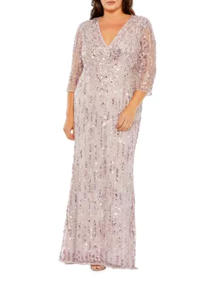 Mac Duggal Women's Plus Size V-Neck Mesh-Sleeved Sequin Gown - Lilac