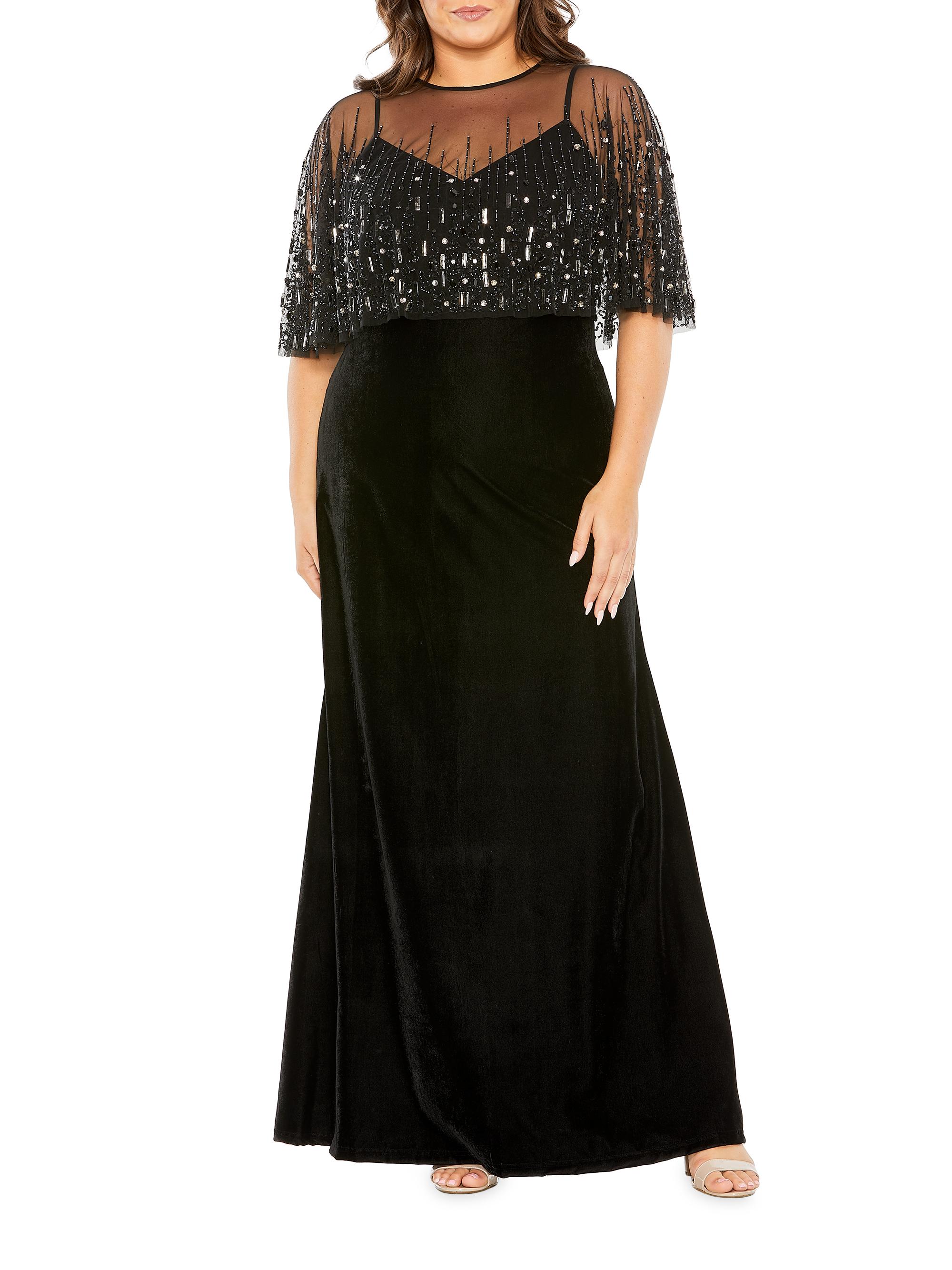 Mac Duggal Women's Plus Size Embellished Cape Velvet Gown - Black