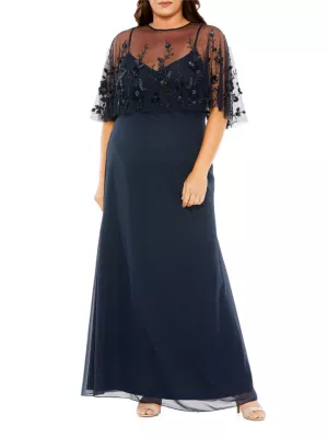 Mac Duggal Women's Plus Embellished Cape Sleeveless Gown - Blue - Size 20 - Midnight Mac Duggal Plus Size Embellished Cape Sleeveless Gown | Saks Fifth Avenue
