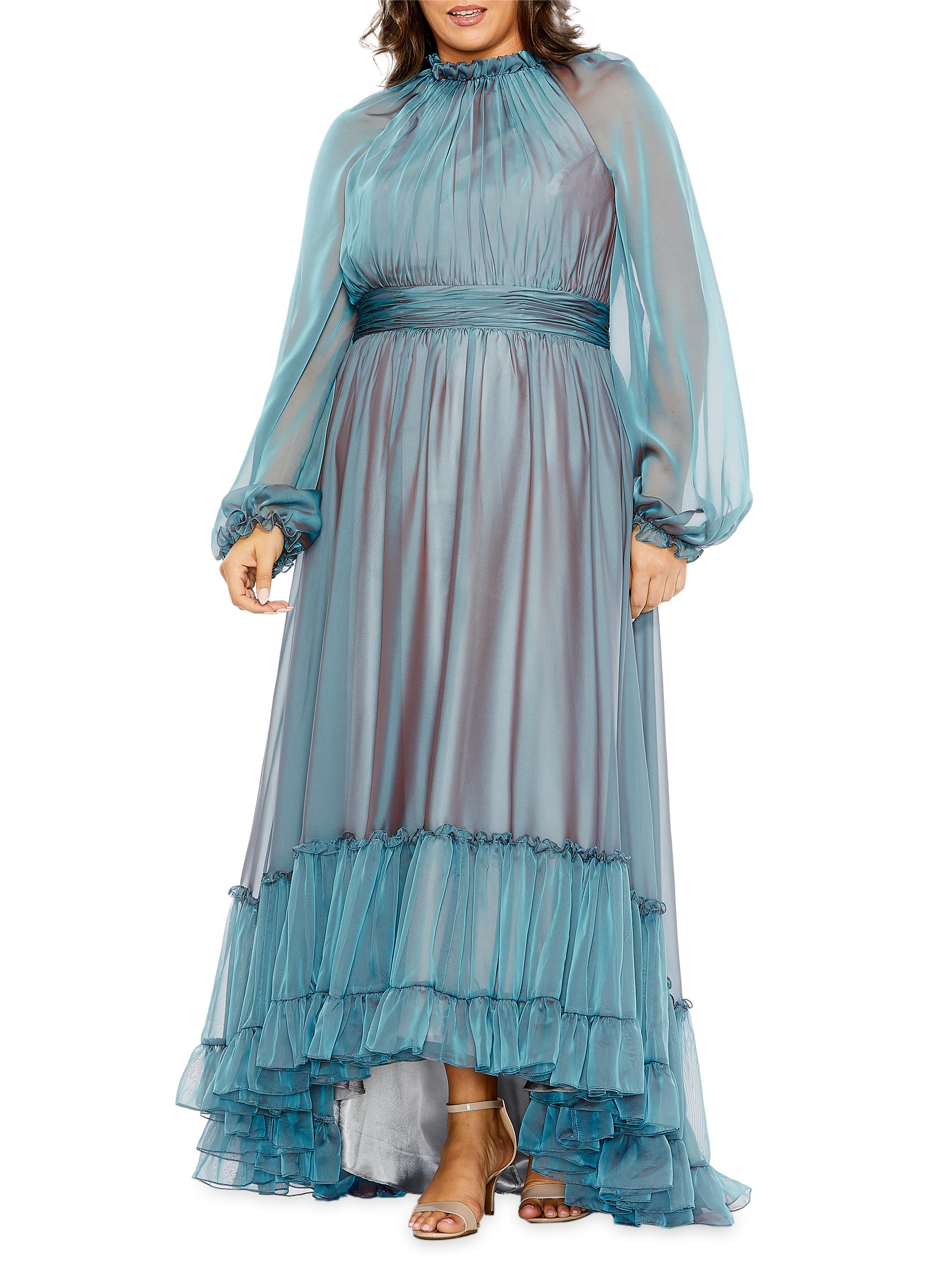 Mac Duggal Women's Plus Size Ruffled Puff-Sleeved Chiffon Gown - French Blue