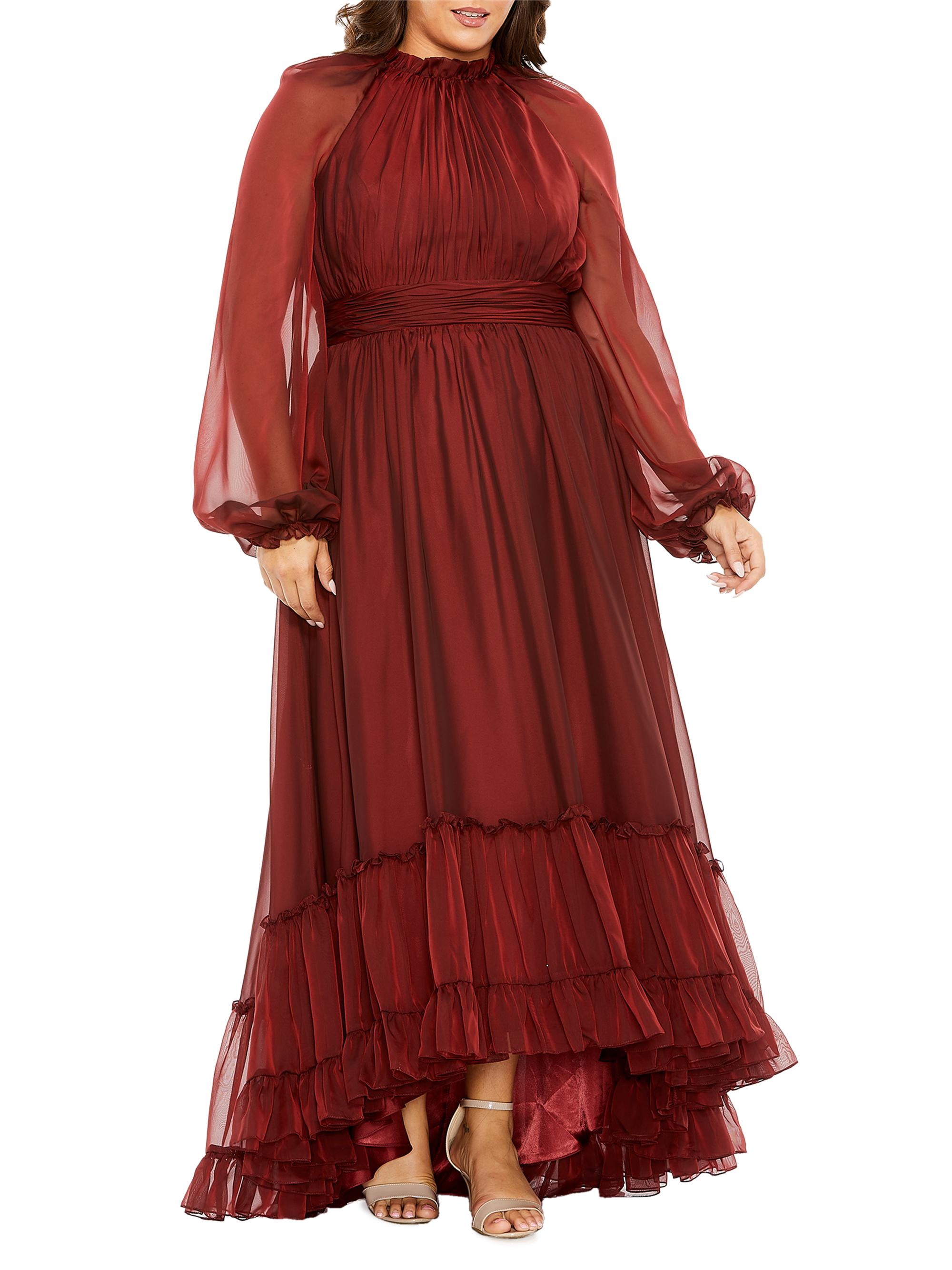 Mac Duggal Plus Size Ruffled Puff-Sleeved Chiffon Gown | Saks Fifth Avenue