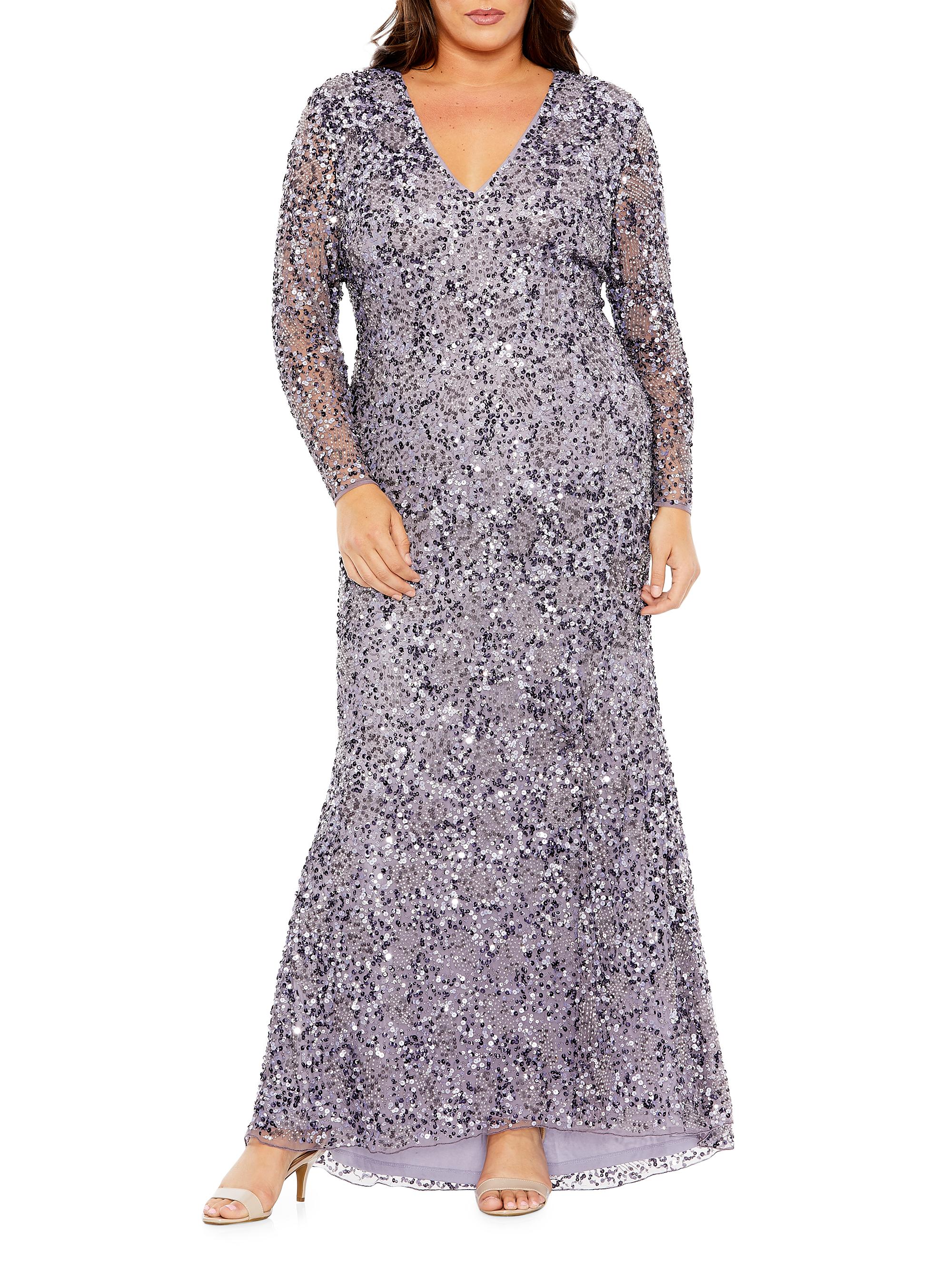 Mac Duggal Women's Plus Size V-Neck Sequin Embellished Long-Sleeved Gown - Vintage Lilac