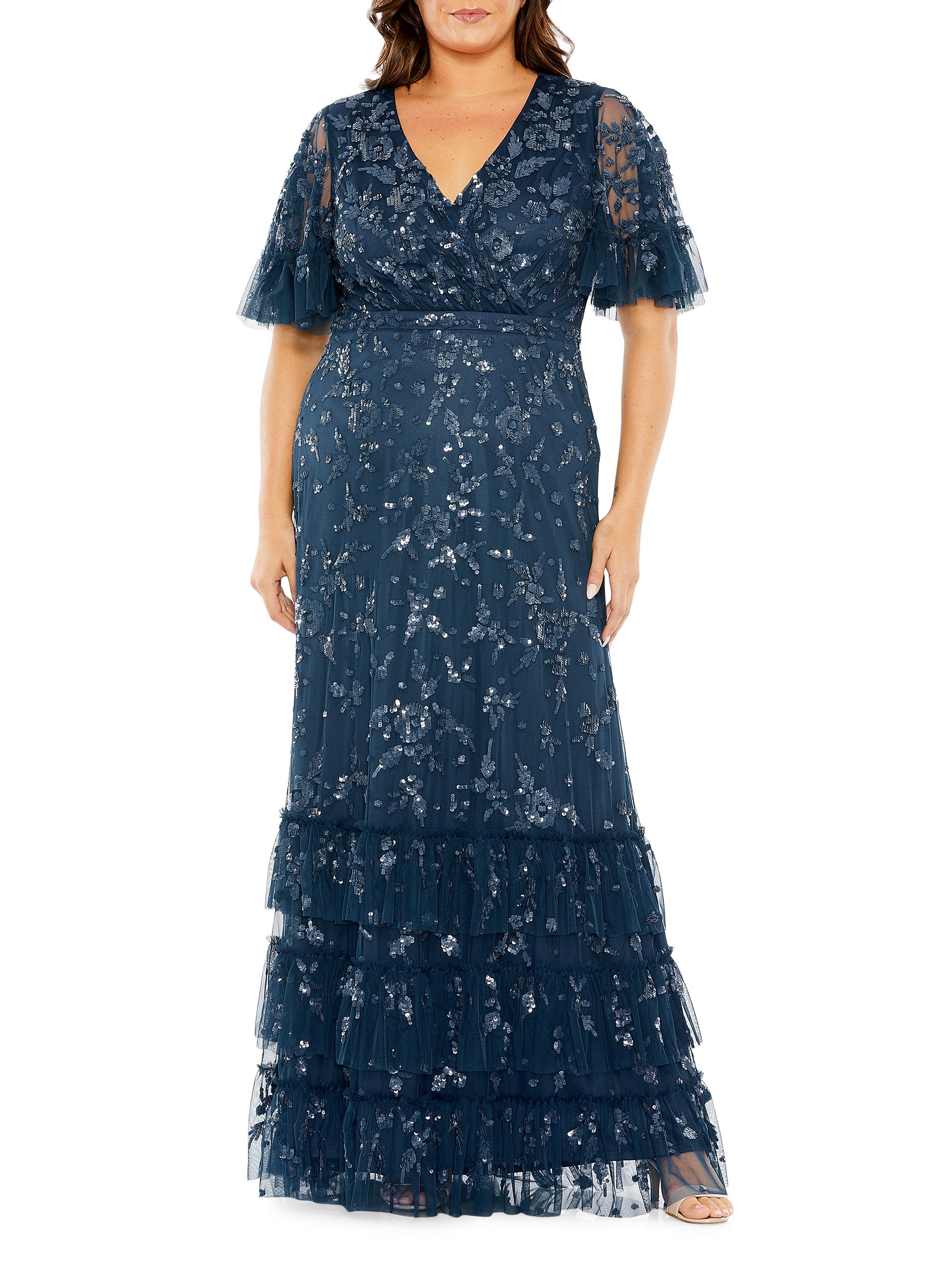 Mac Duggal Women's Plus Size Flutter Sleeve Faux Wrap Gown - T Wilight