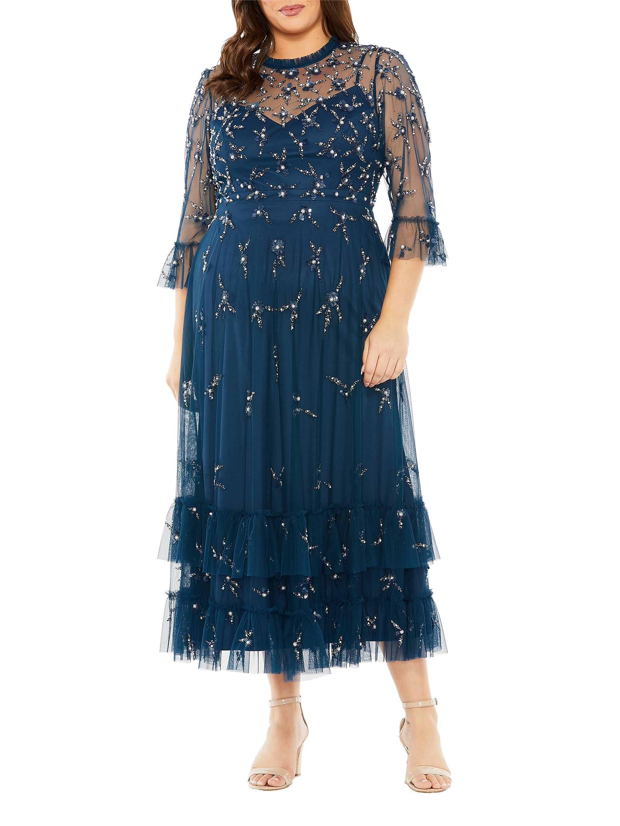 Mac Duggal Women's Plus Size High-Neck Embellished Flutter Dress - Ocean Blue