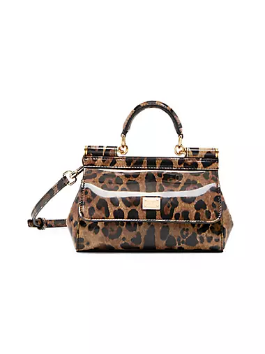 Small Leopard-Print Patent Leather Top Handle Bag