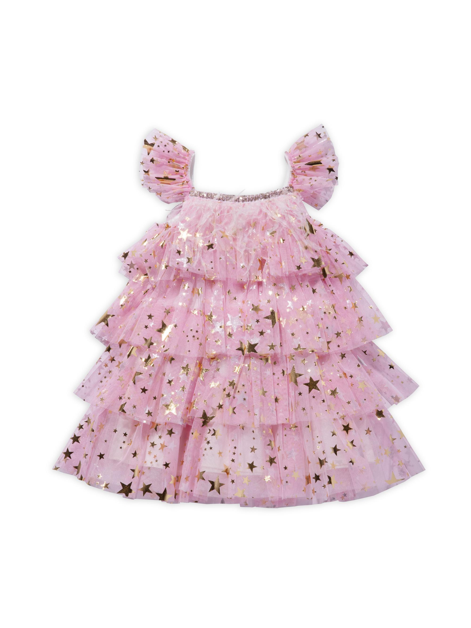 Petite Hailey Little Girl's Metallic Star Layered Tulle Dress - Pink Star