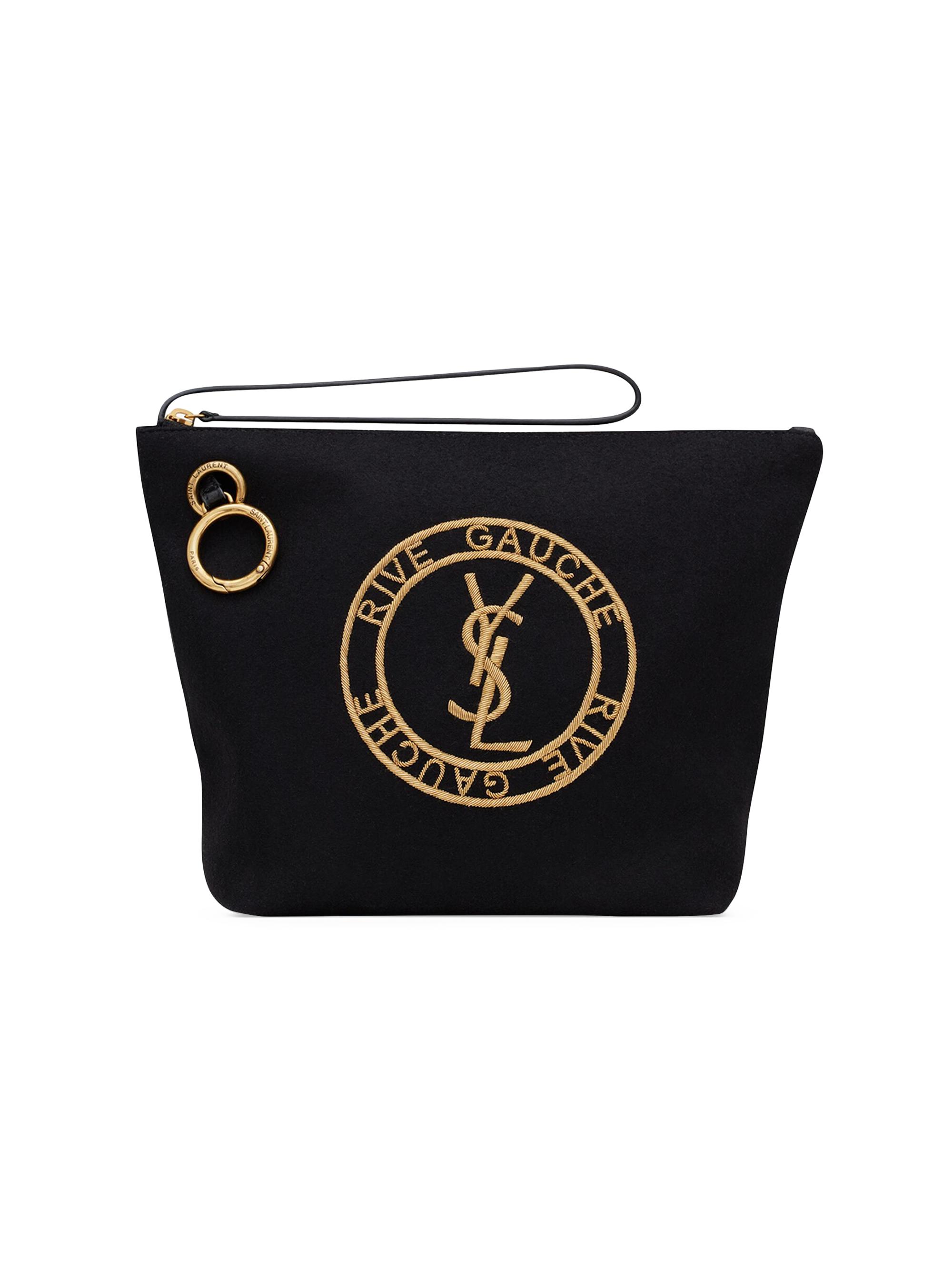 Saint Laurent Men's Rive Gauche Embroidered Pouch in Felt - Nero Oro
