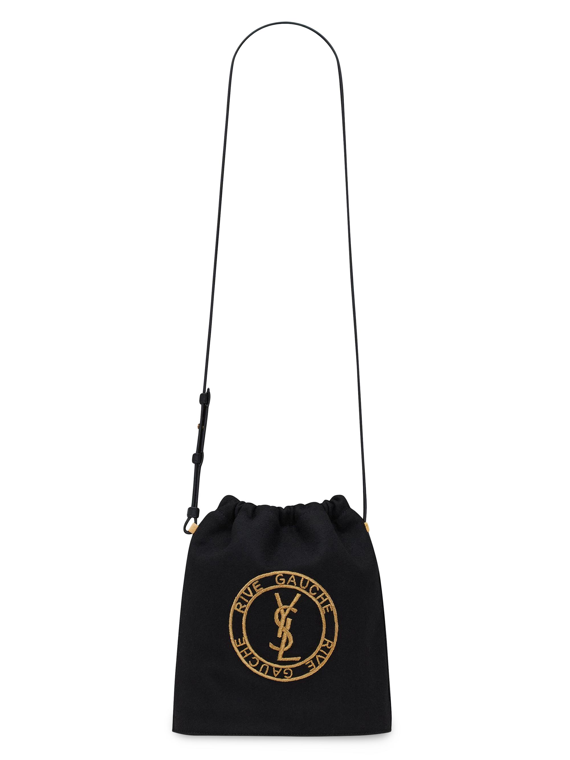 Saint Laurent Men's Rive Gauche Laced Bucket Bag in Embroidered Felt and Smooth Leather - Nero Oro