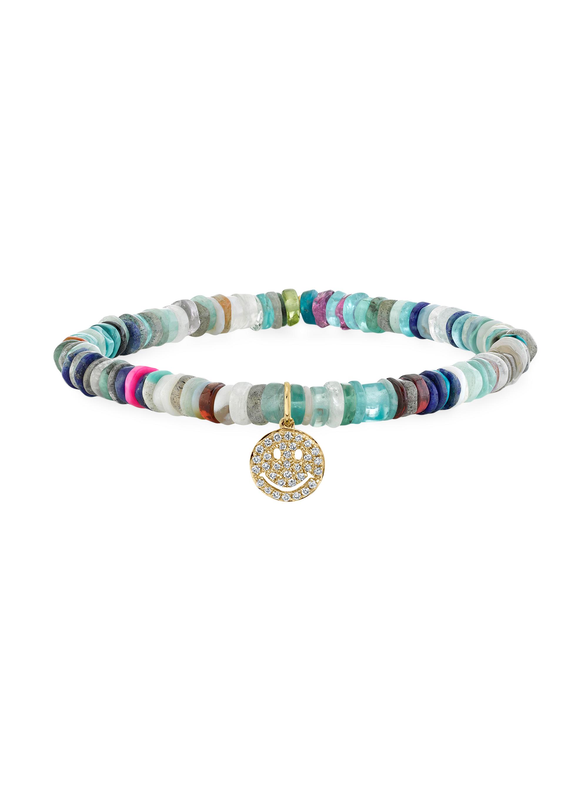Sydney Evan Women's Happy Face 14K Yellow Gold, 0.15 TCW Diamond & Rainbow Heishi Bead Stretch Bracelet