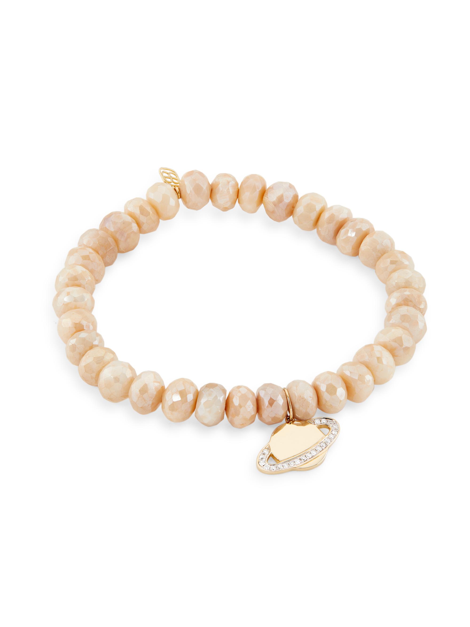 Sydney Evan Women's 14K Yellow Gold, Sand Moonstone & 0.11 TCW Diamond Beaded Stretch Bracelet - Beige