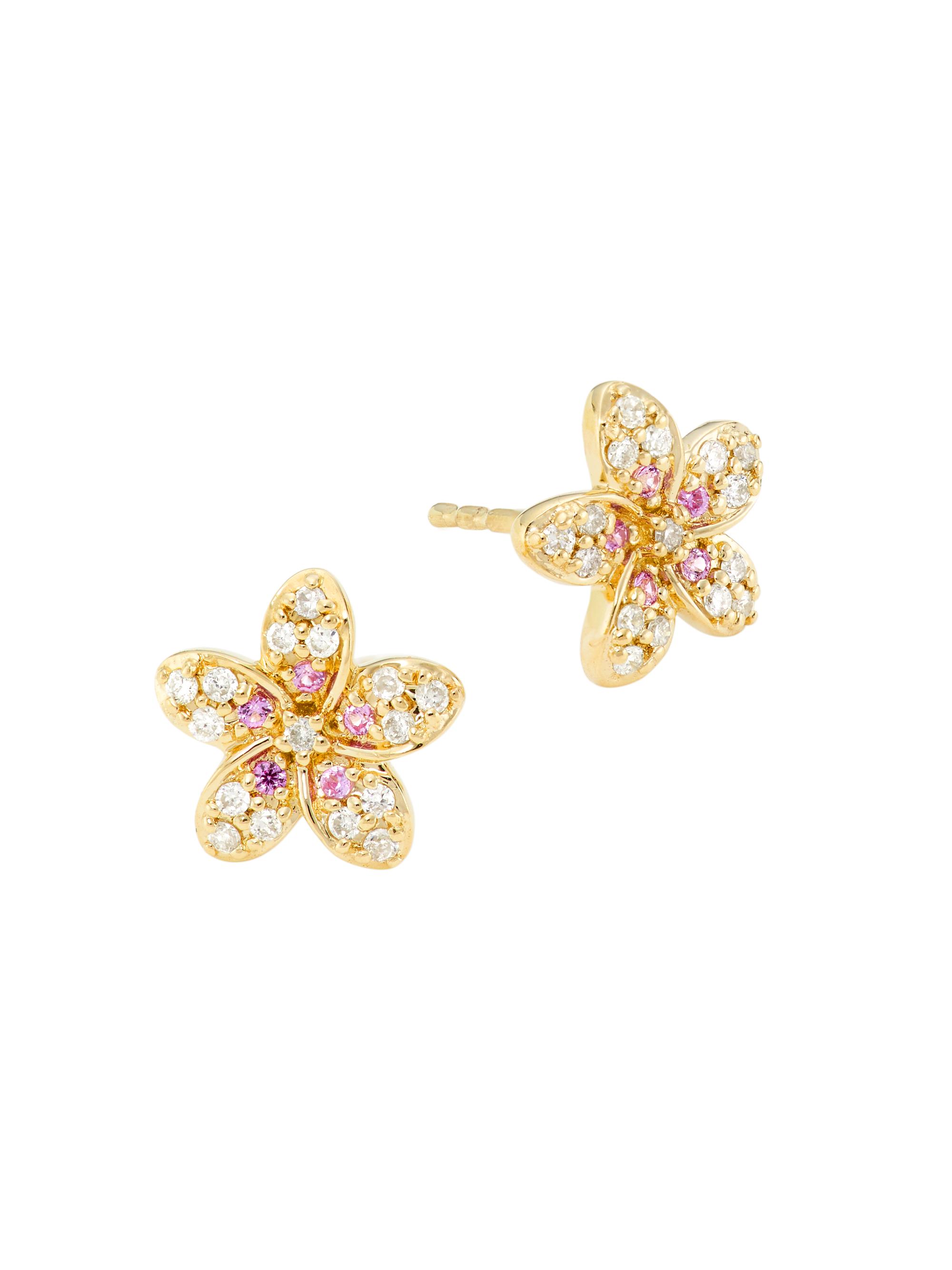 Sydney Evan Women's 14K Yellow Gold, Pink Sapphire & 0.13 TCW Diamond Plumeria Stud Earrings - Gold