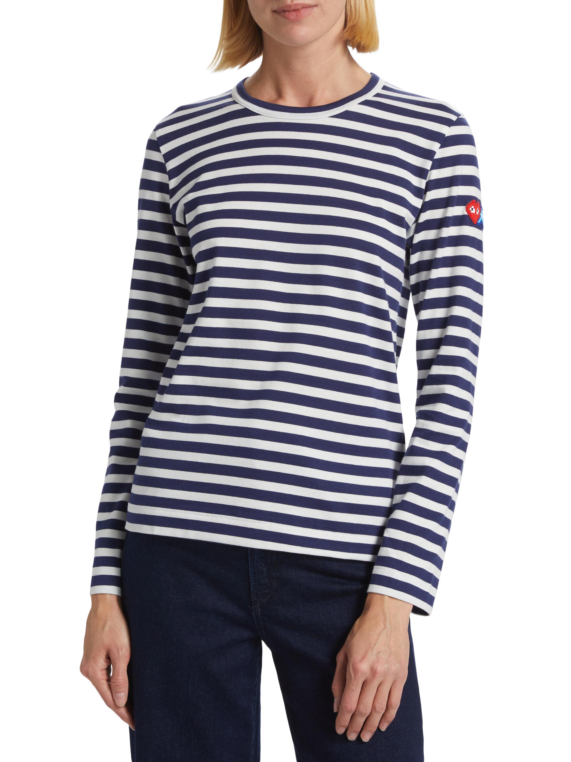 Comme des Garçons PLAY Women's Long-Sleeve Striped Cotton T-Shirt - Blue White Stripes | Thumbnail 2