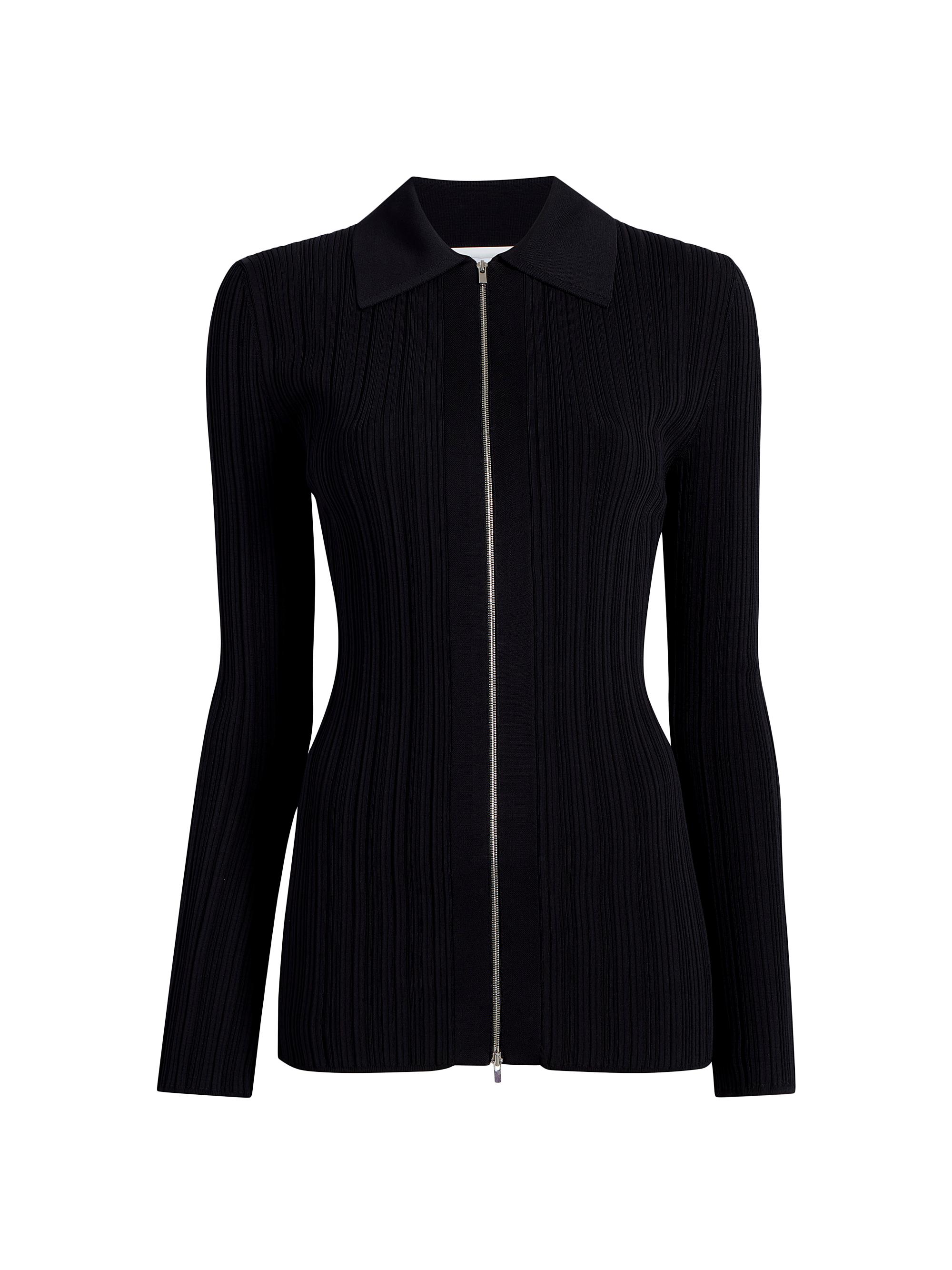 Another Tomorrow Women's Ribbed Collared Zip-Up Shirt - Black