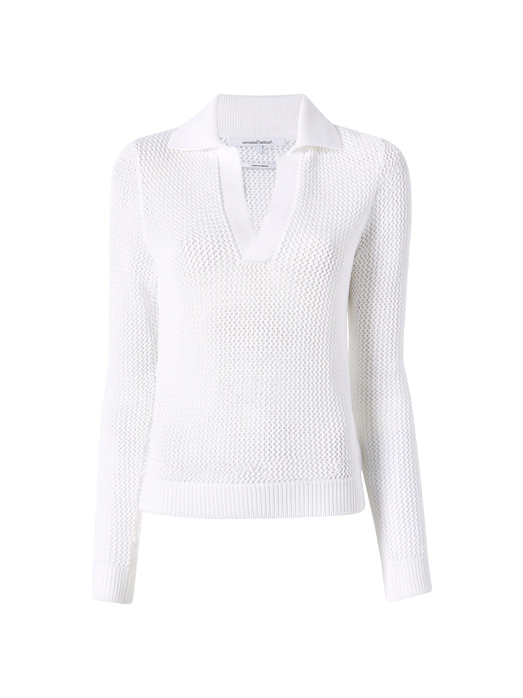 Another Tomorrow Women's Crocheted Polo Sweater - White