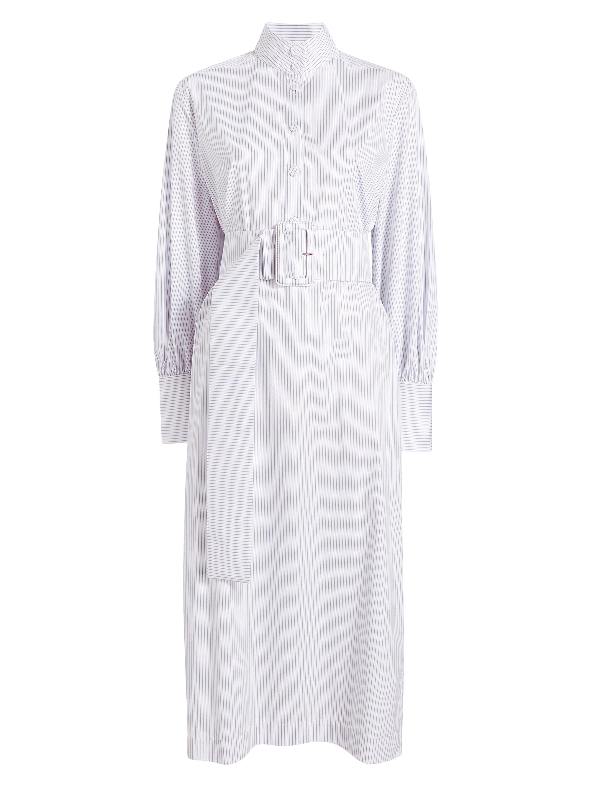 Another Tomorrow Women's Striped Belted Shirtdress - Blue White Pinstripe