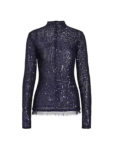 Sequin-Embroidered Mock-Neck Top