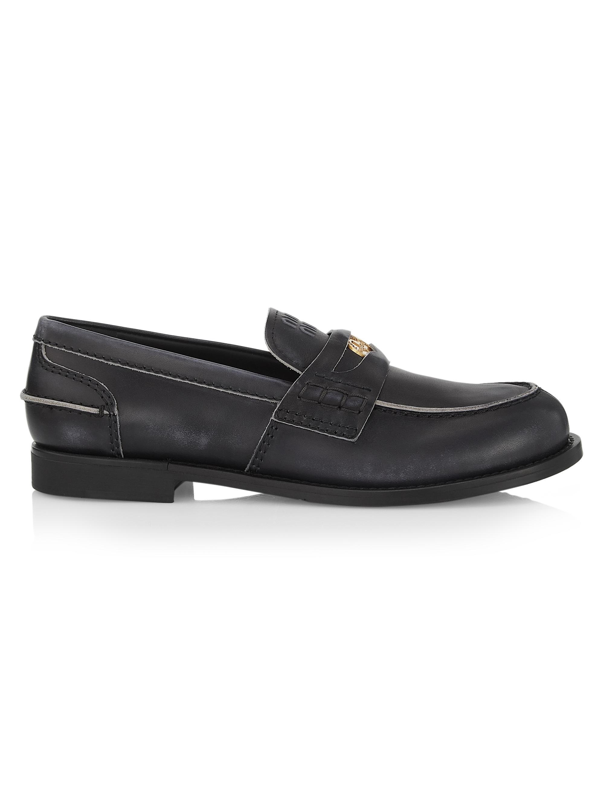 Miu Miu Women's 20MM Distressed Leather Penny Loafers - Black