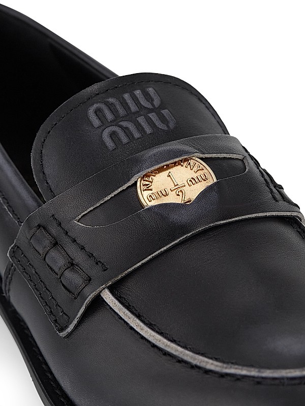 Shop Miu Miu 20MM Distressed Leather Penny Loafers | Saks Shop Miu Miu 20MM Distressed Leather Penny Loafers | Saks