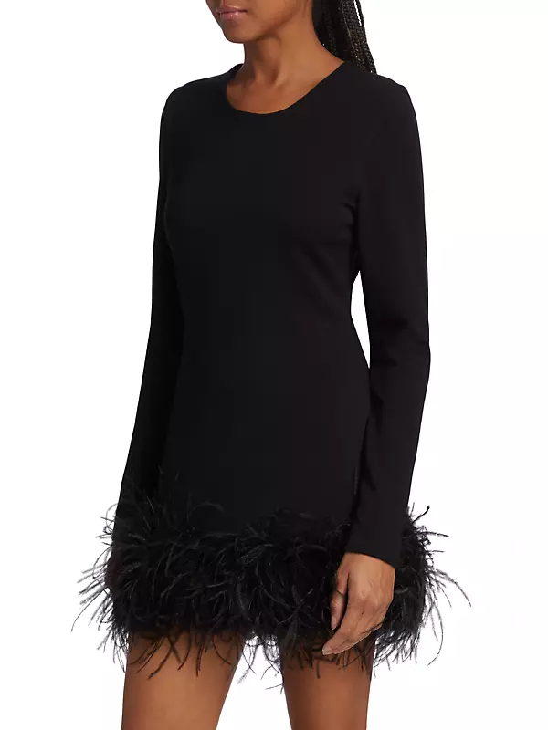 Womens Tassels A-line Mini Dress Long Sleeve Ostrich Feather Trim Cuff  Designer