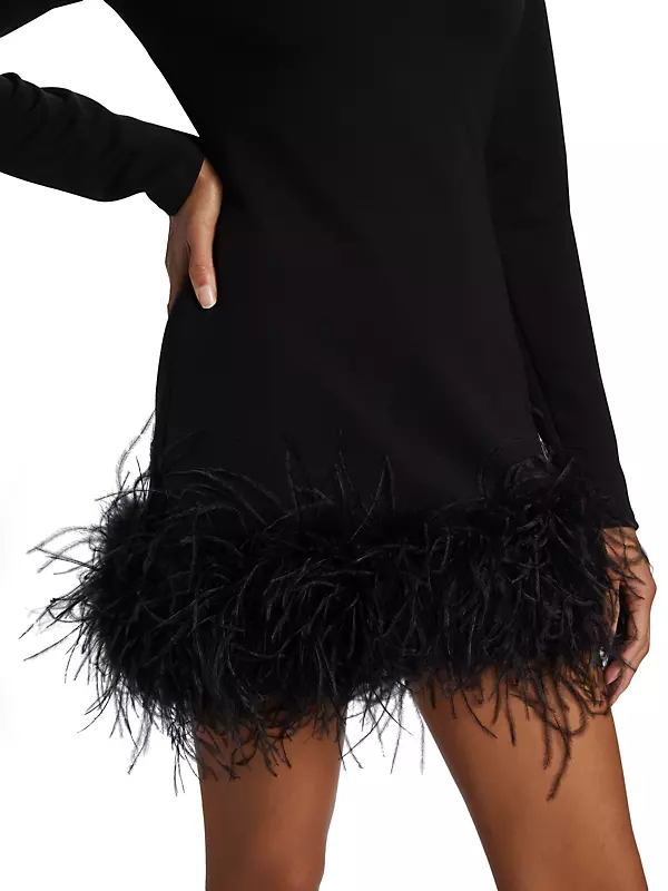 Womens Tassels A-line Mini Dress Long Sleeve Ostrich Feather Trim