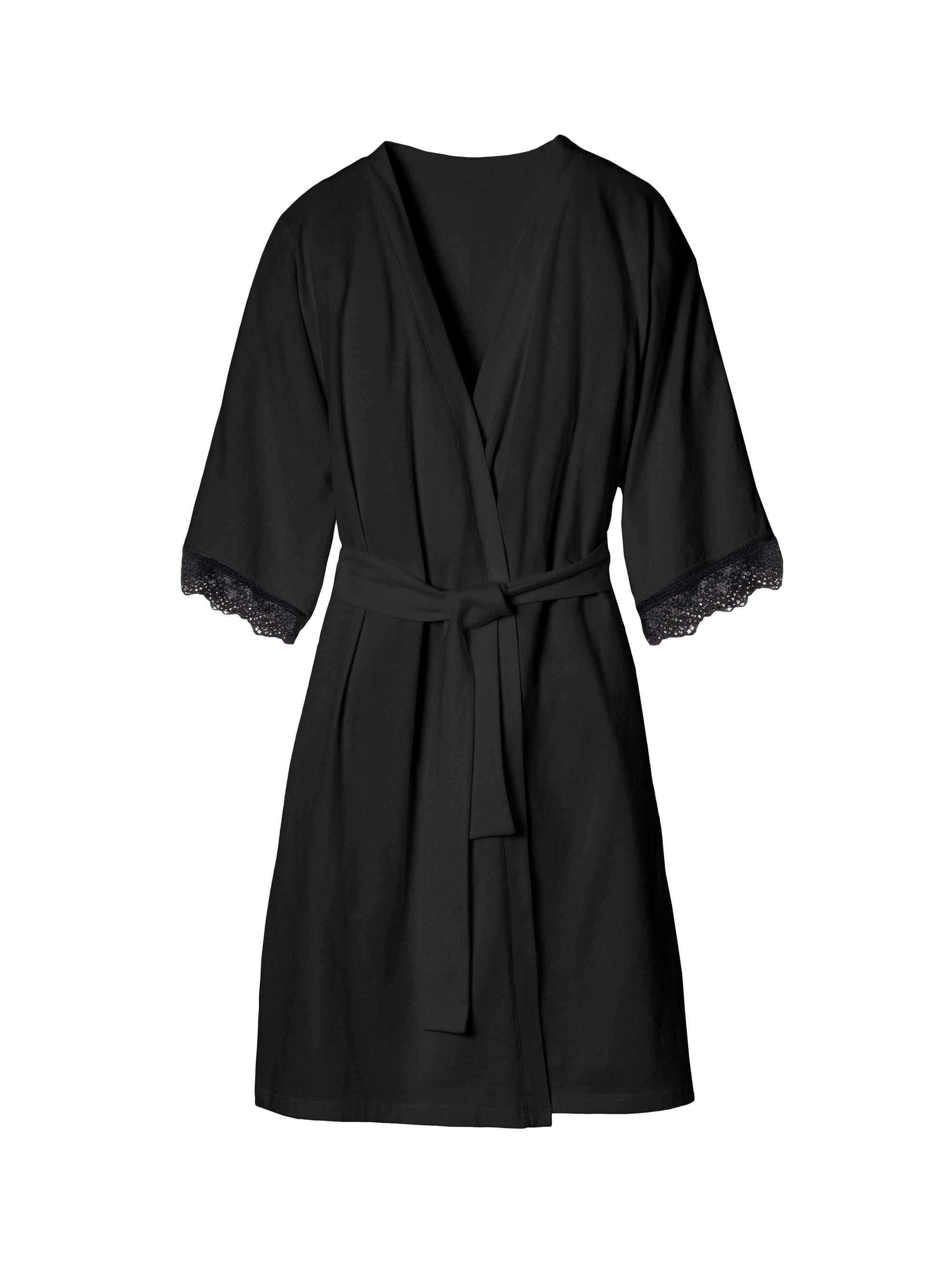 Petite Plume Lace-Trim Robe - Black