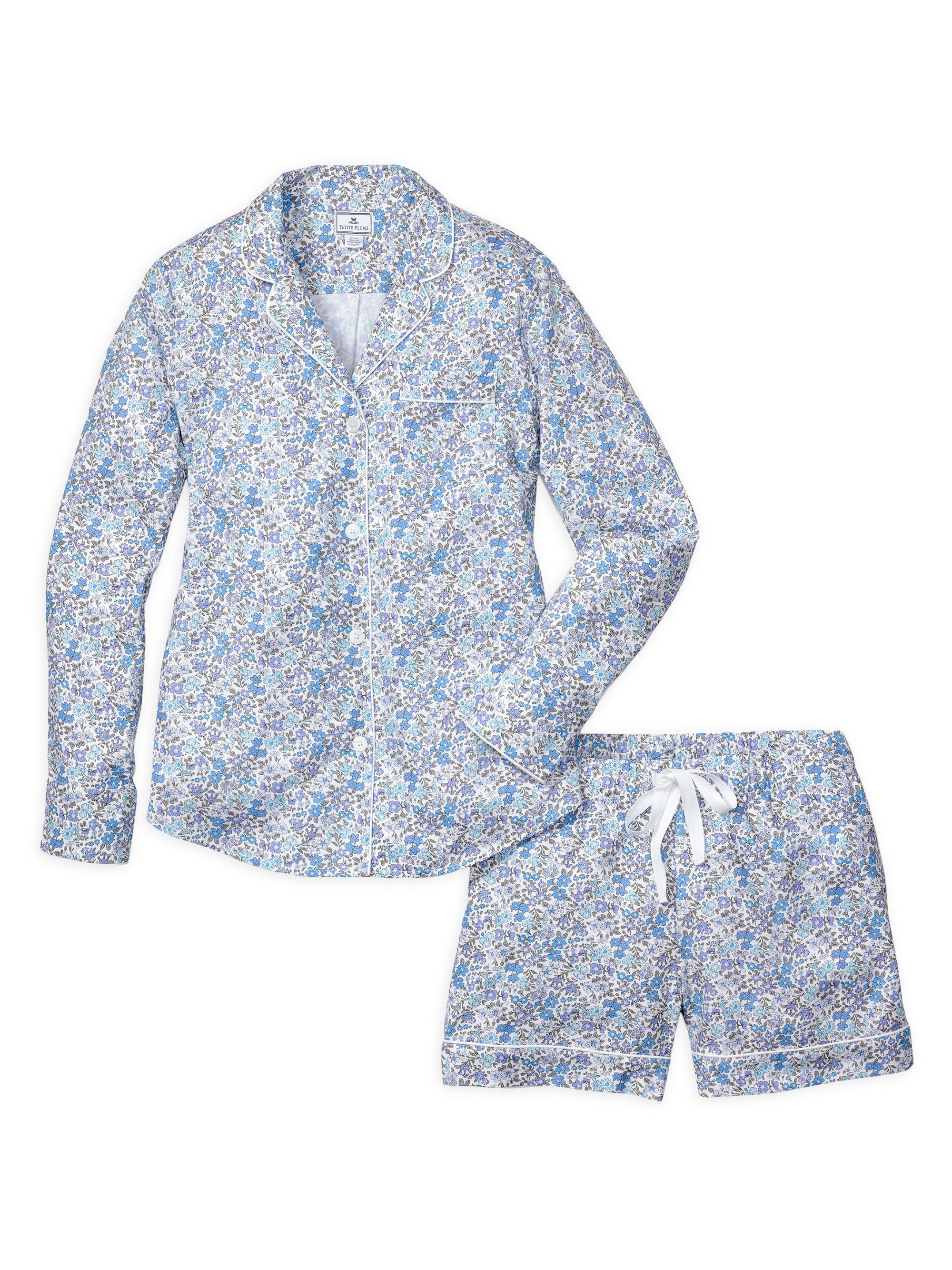 Petite Plume 2-Piece Fleur D'azur Long-Sleeve Shorts Pajama Set - Blue