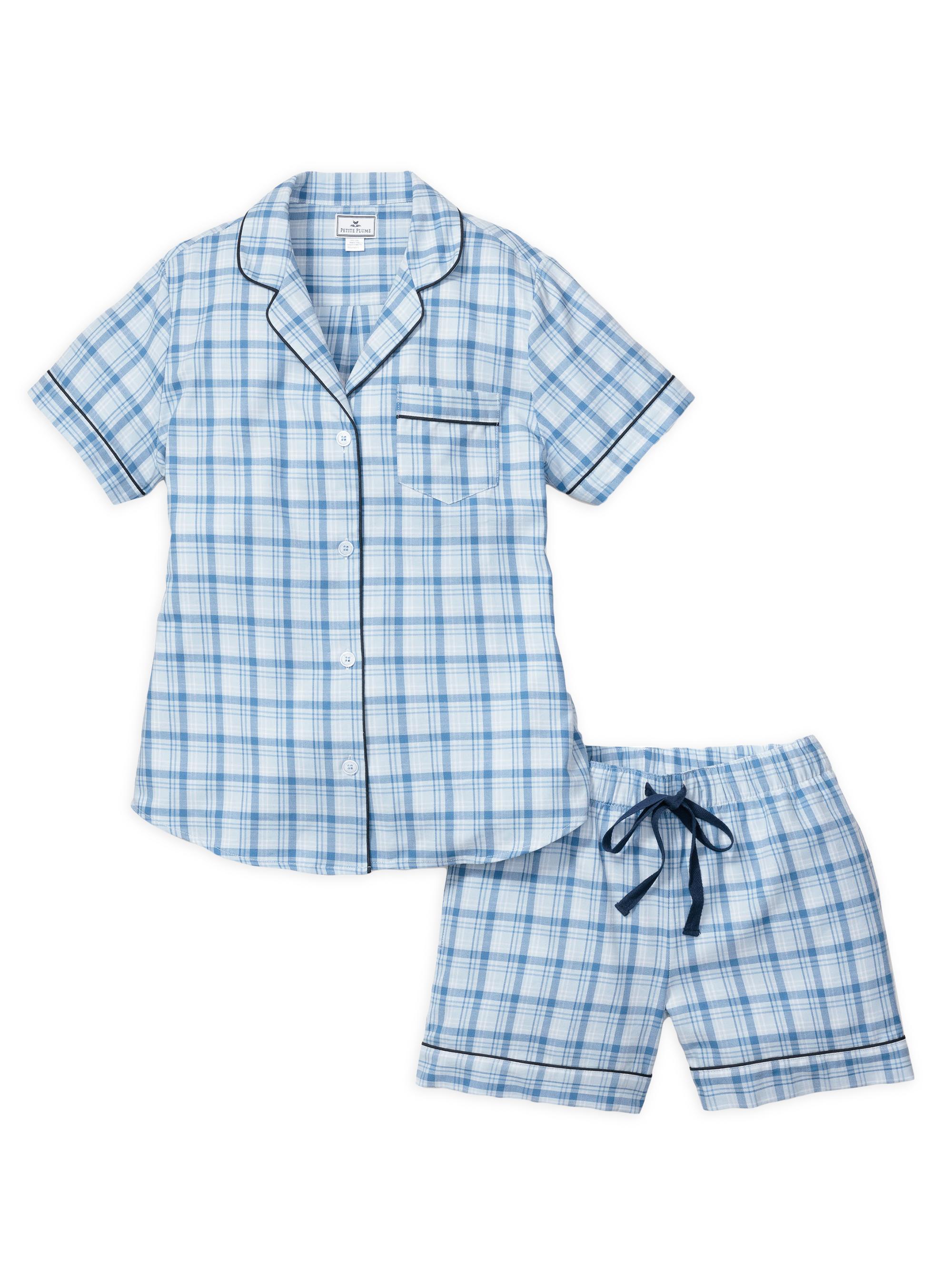 Petite Plume 2-Piece Seafarer Tartan Shorts Pajama Set - Blue