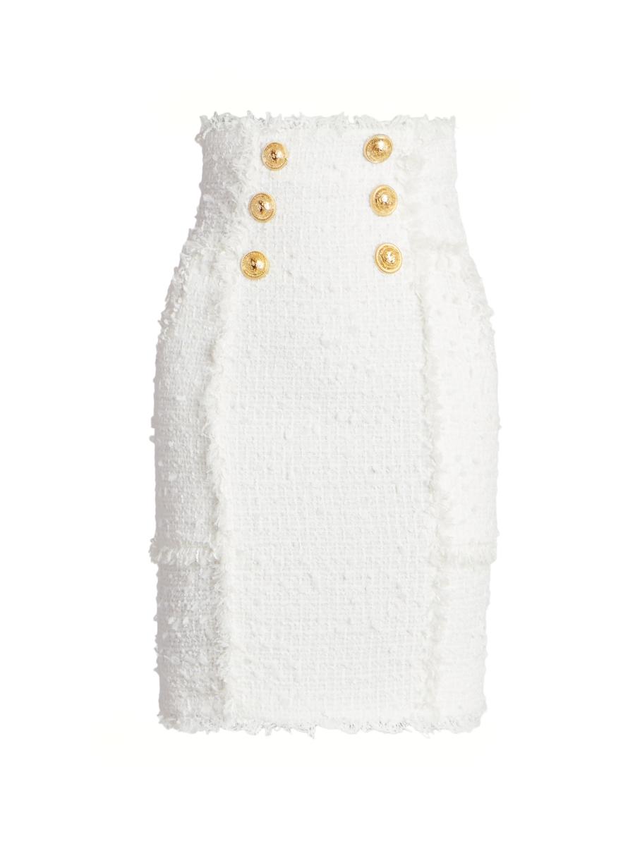 【関税＆送料込み】Balmain 'Fringed Tweed' Skirt Fringed tweed miniskirt in white - Balmain | Mytheresa