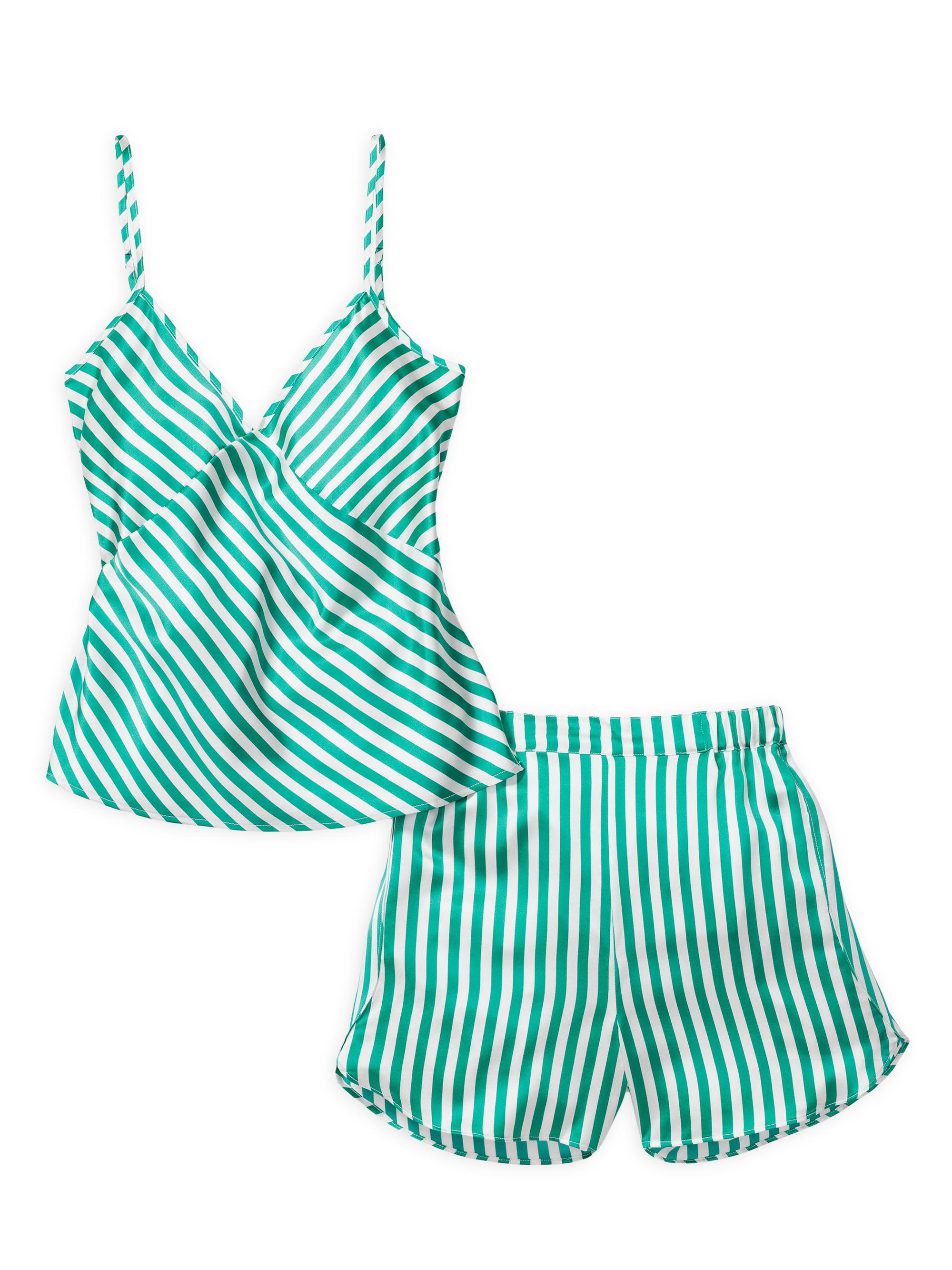 Petite Plume Silk Striped Camisole Shorts Pajama Set - Green