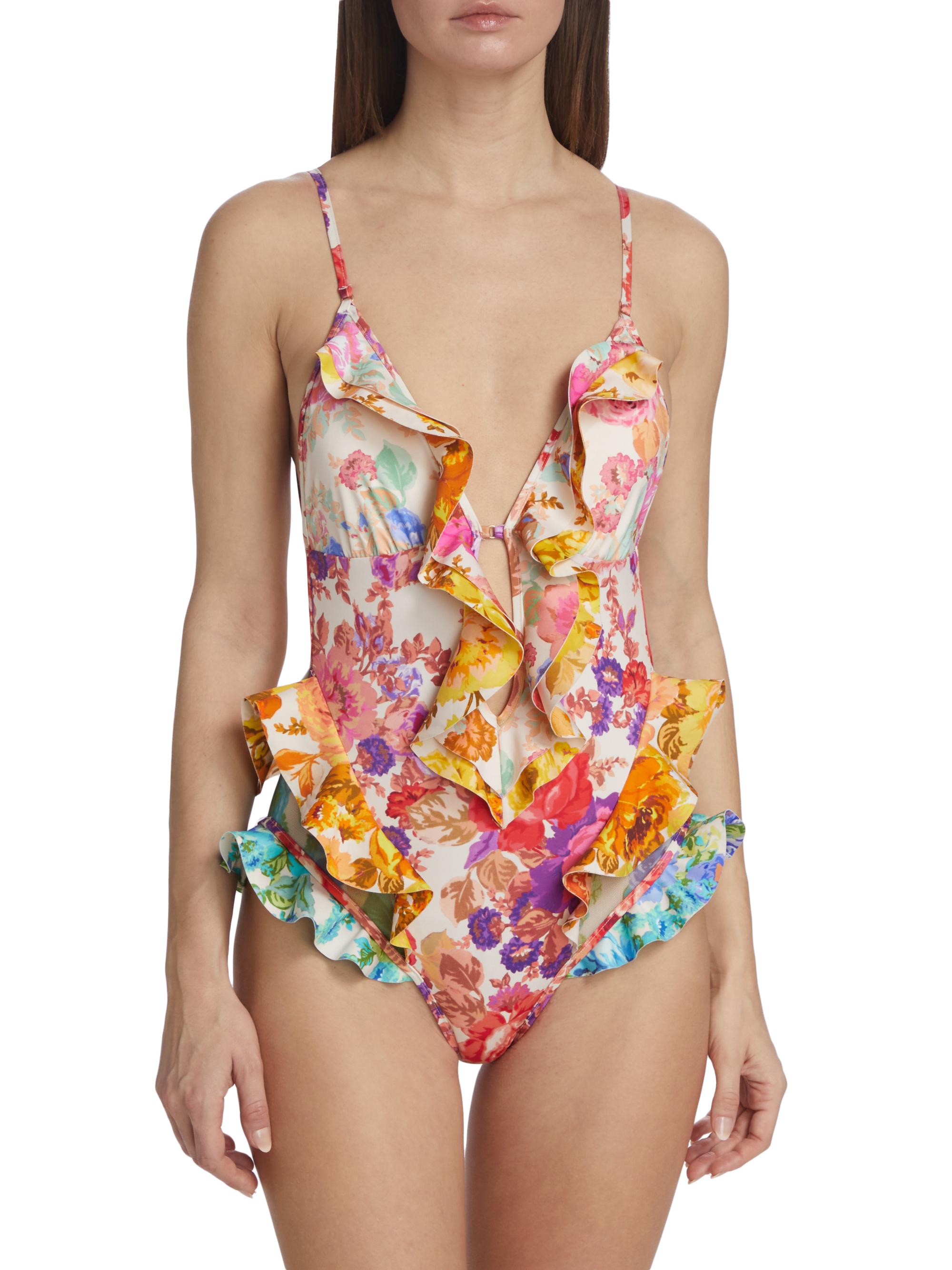 Zimmermann Raie Waterfall Floral Ruffled One-Piece Swimsuit | Saks