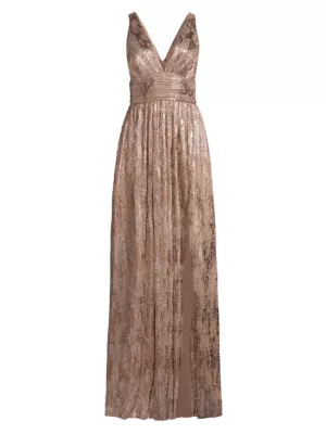 Liv Foster Women's Foil Pleated Plunge Gown - Rose Gold