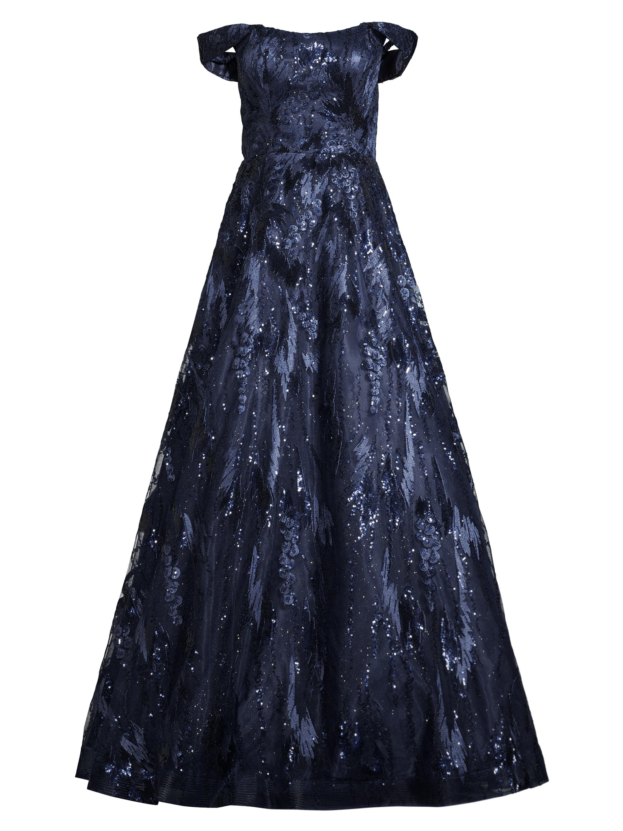 Basix Women's Sequin Embroidered Off-The-Shoulder Gown - Navy