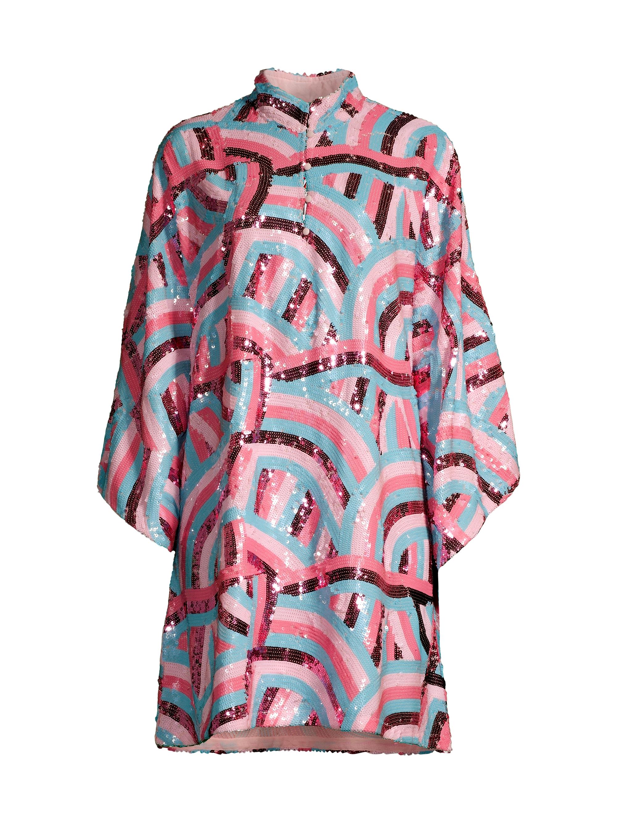 La Vie Style House Women's Swirl Sequin Mini Caftan - Turquoise Bubblegum