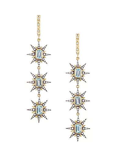 Multi-Starburst 14K Gold, Diamond & Aquamarine Drop Earrings