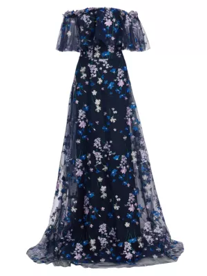 Teri Jon by Rickie Freeman Women's Wildflower Embroidered Gown - Navy Multi
