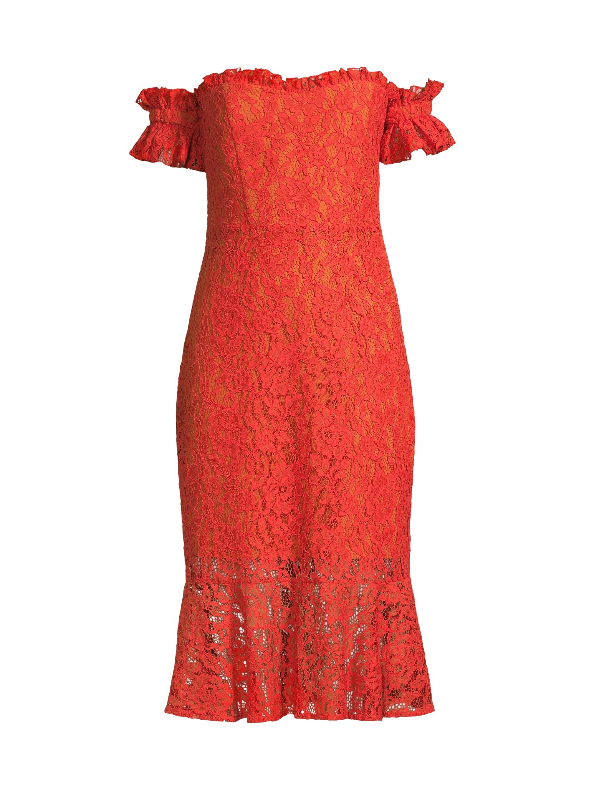 Laundry by Shelli Segal Women's Off-The-Shoulder Lace Midi-Dress - Mecca Orange