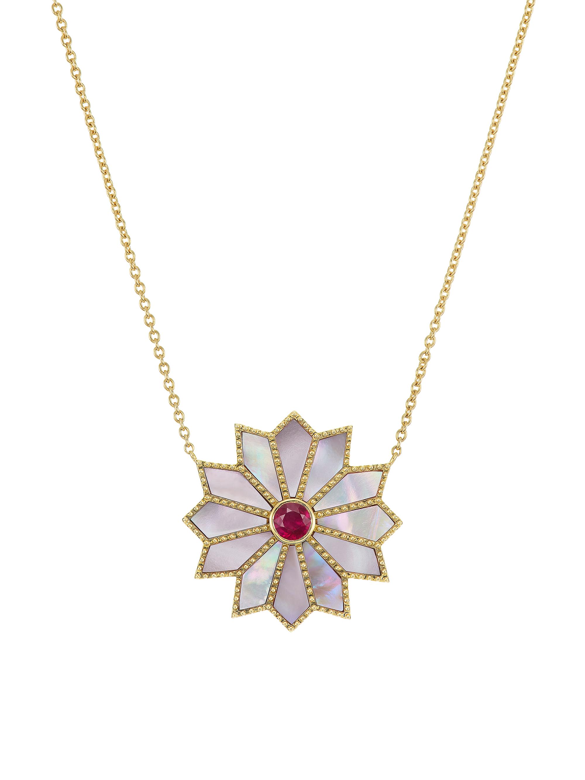 Orly Marcel Women's Sacred Flower 18K Yellow Gold, Mother-Of-Pearl & Ruby Pendant Necklace - Pink