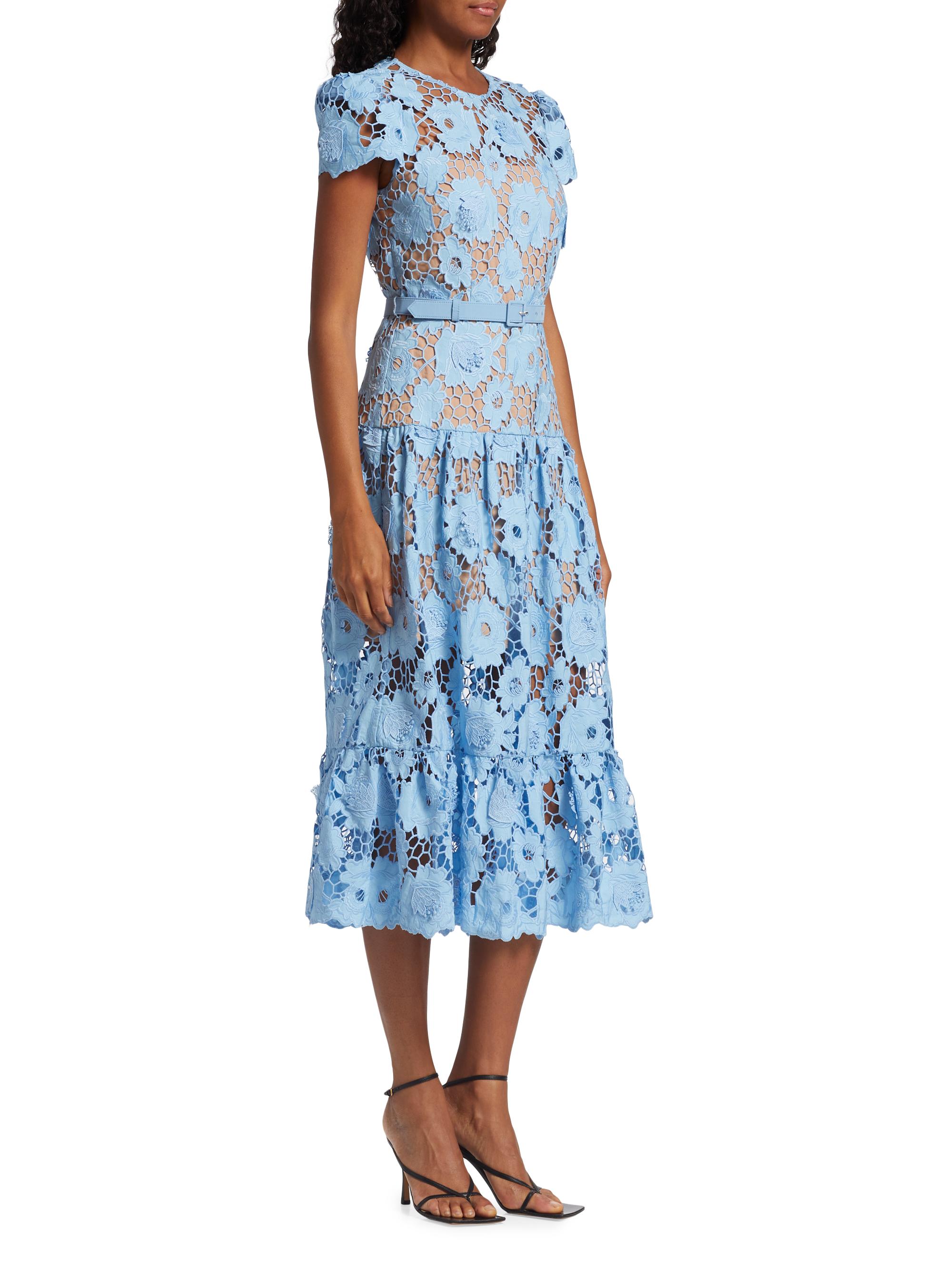 chinese dress ladies Short Sleeve Belted Lace Midi Dress In Blue Wave