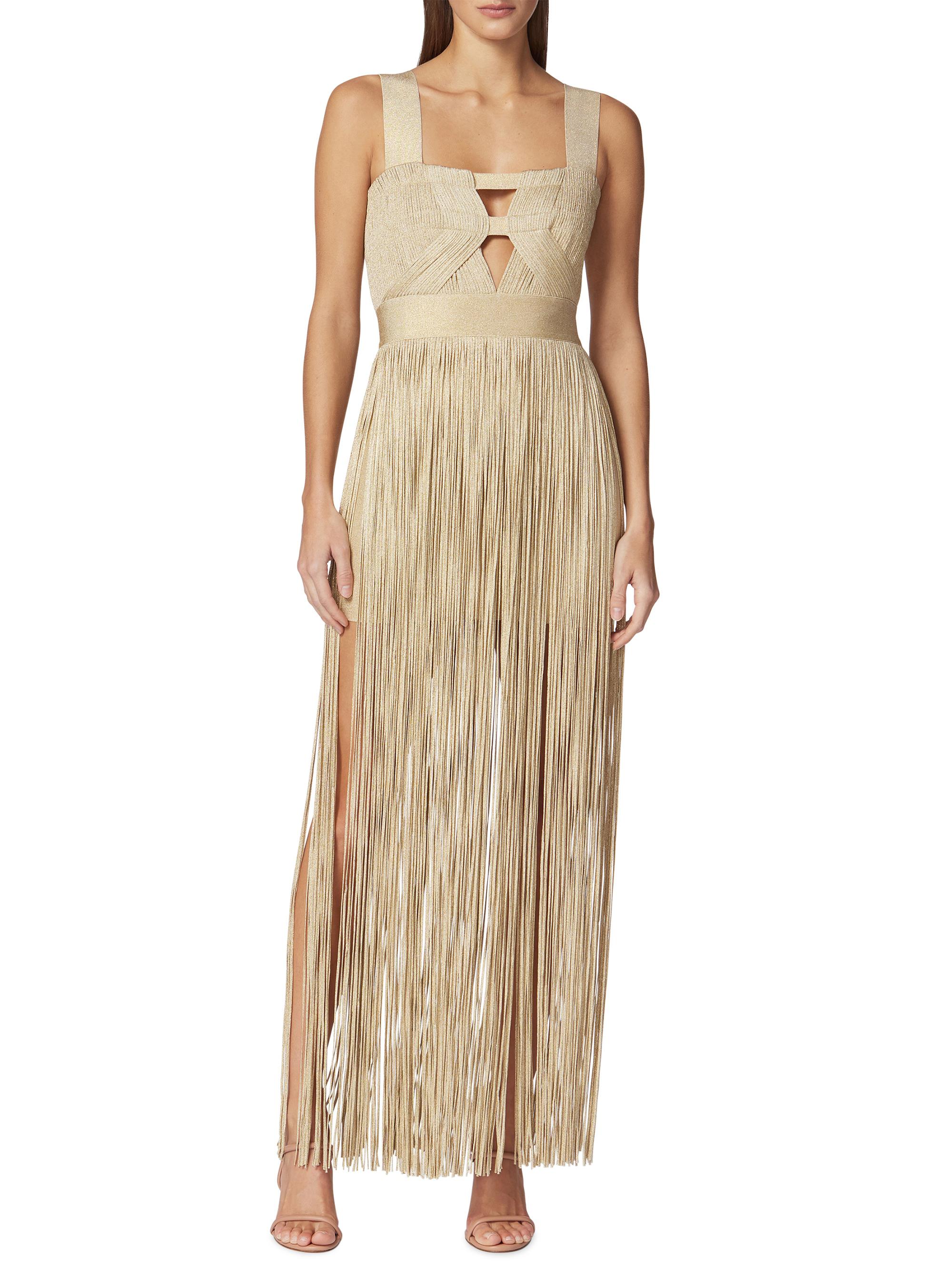 slim fit dress slacks Shimmering Fringe Gold Maxi Dress  Moon 45