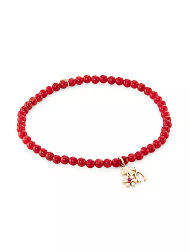 Lucky Wish 14K Yellow Gold, Coral & Ruby Beaded Stretch Bracelet