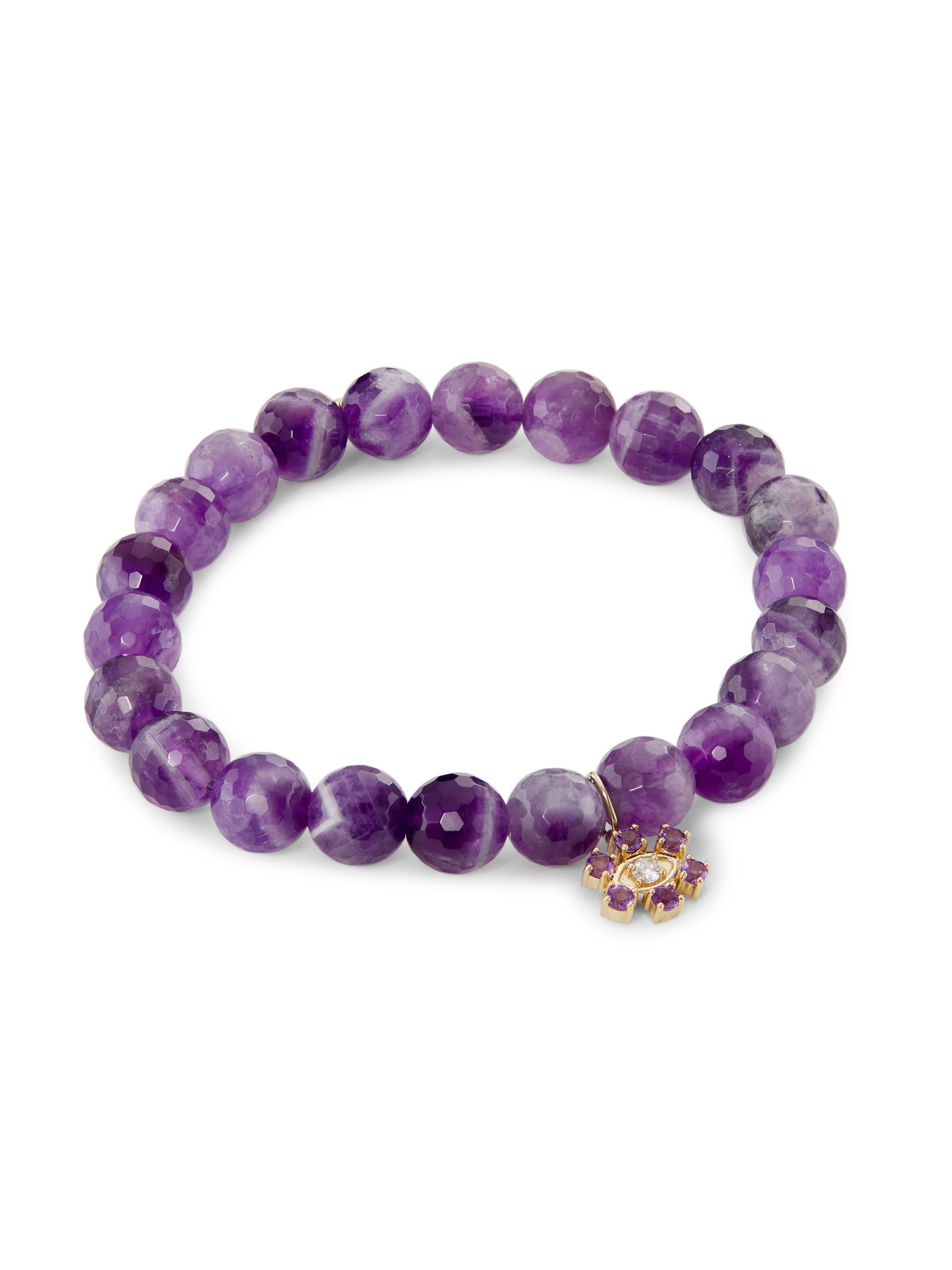 Sydney Evan Women's 14K Yellow Gold, Amethyst & 0.0513 TCW Diamond Beaded Evil Eye Stretch Bracelet - Purple