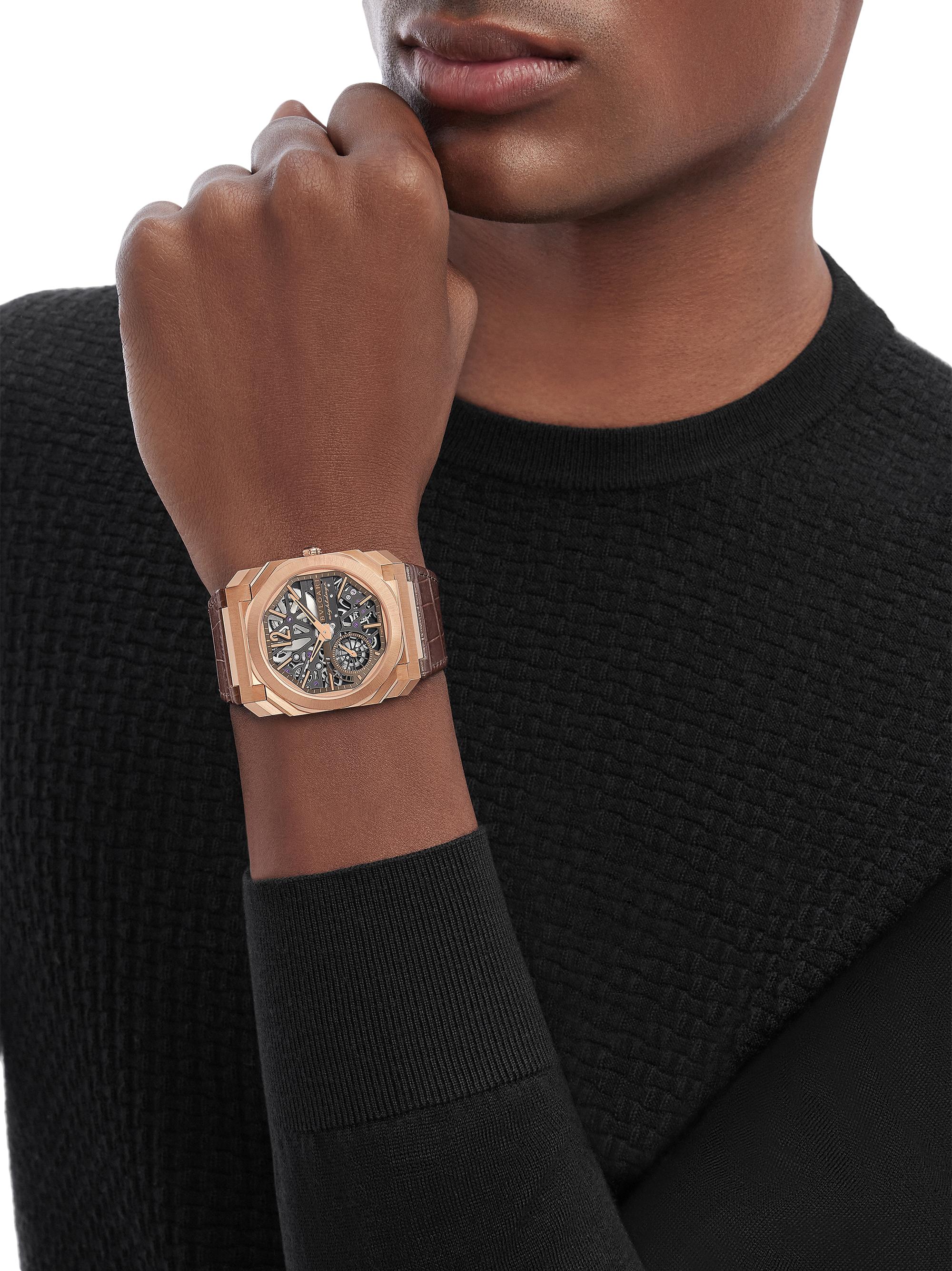 BVLGARI Octo Finissimo 18K Rose Gold & Alligator Leather Skeleton