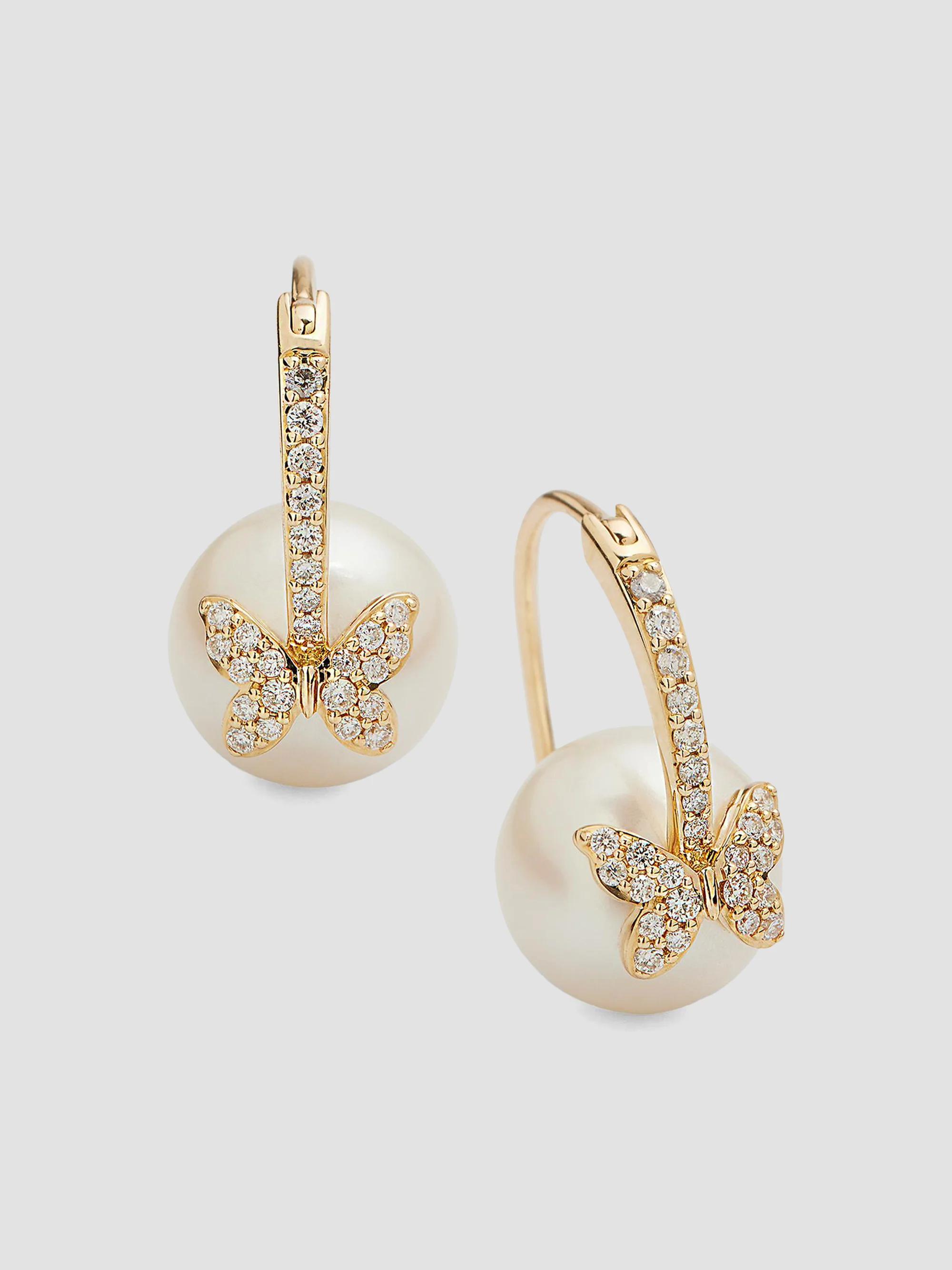 Sydney Evan Women's 14K Yellow Gold, Cultured Freshwater Pearl & 0.27 TCW Diamond Butterfly Hoop Earrings - Gold