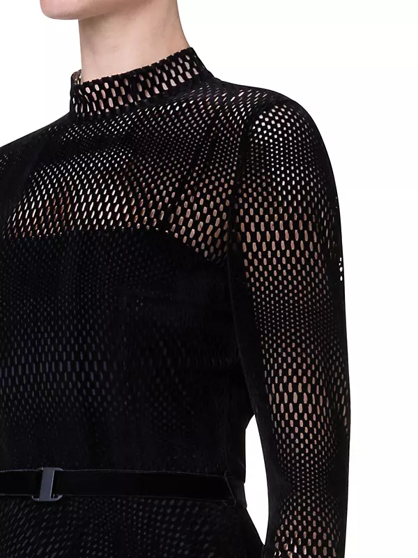 Akris punto Stand-Collar Lasercut Velvet Grid Midi Dress