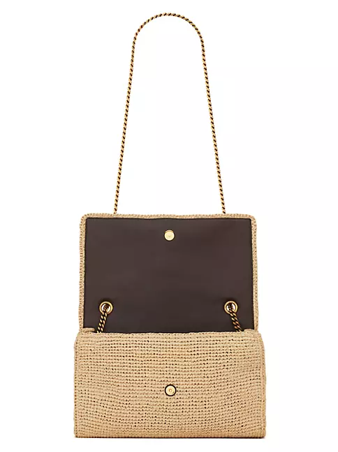 Shop Saint Laurent Kate Medium Chain Bag in Raffia and Smooth Leather