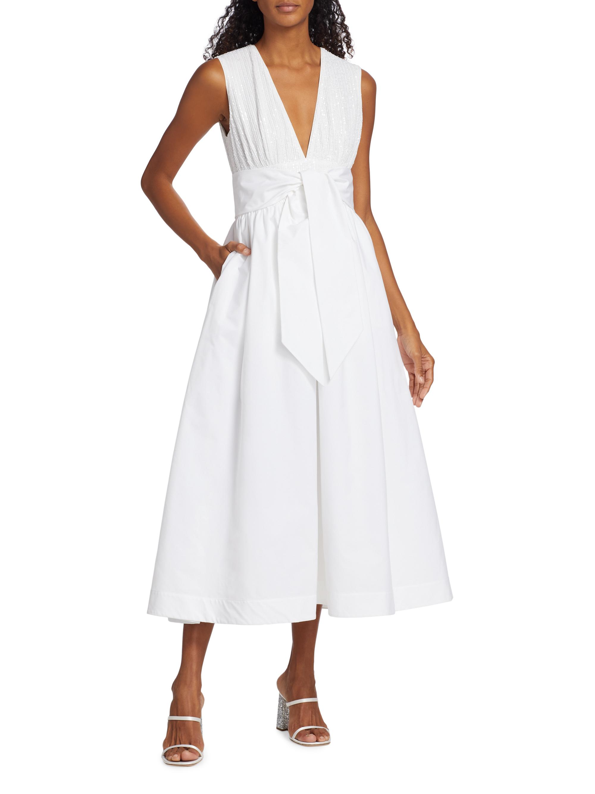 LDT Women's Mixed Media V- Neck Midi-Dress - White