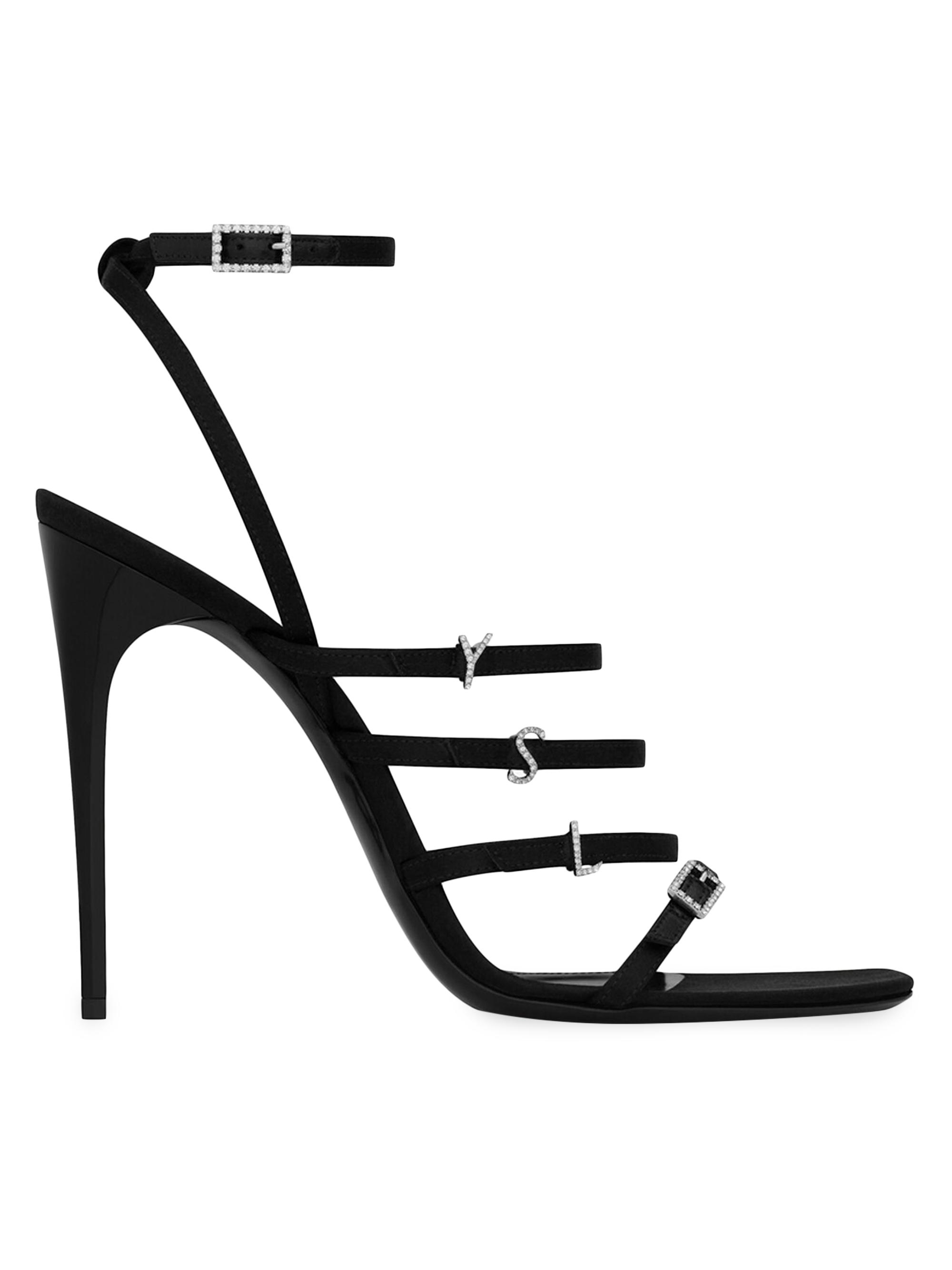 Saint Laurent Women's Jerry Sandals in Crepe Satin and Rhinestones - Black