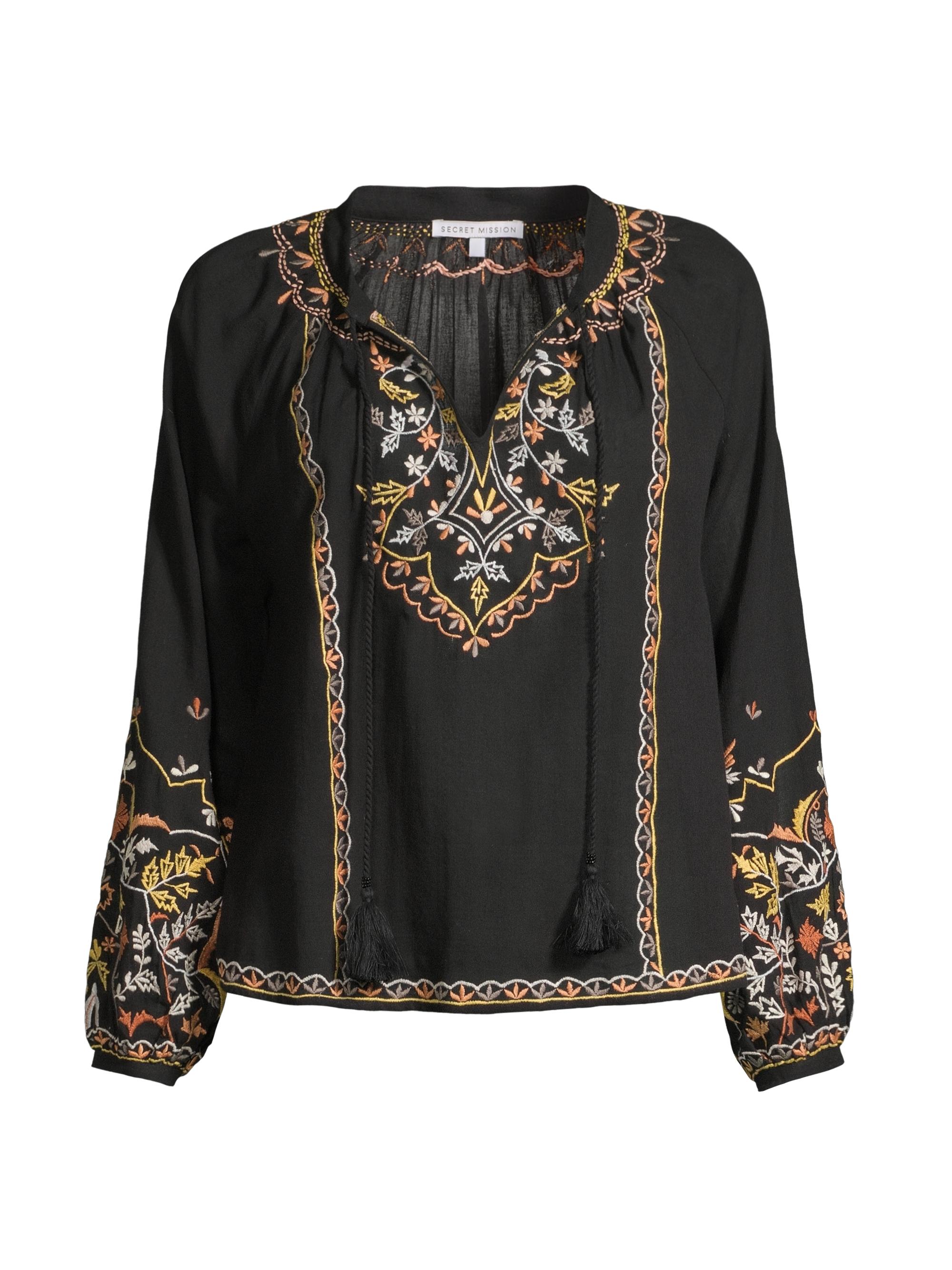 Secret Mission Women's Clover Embroidered Split-Neck Top - Black Multi