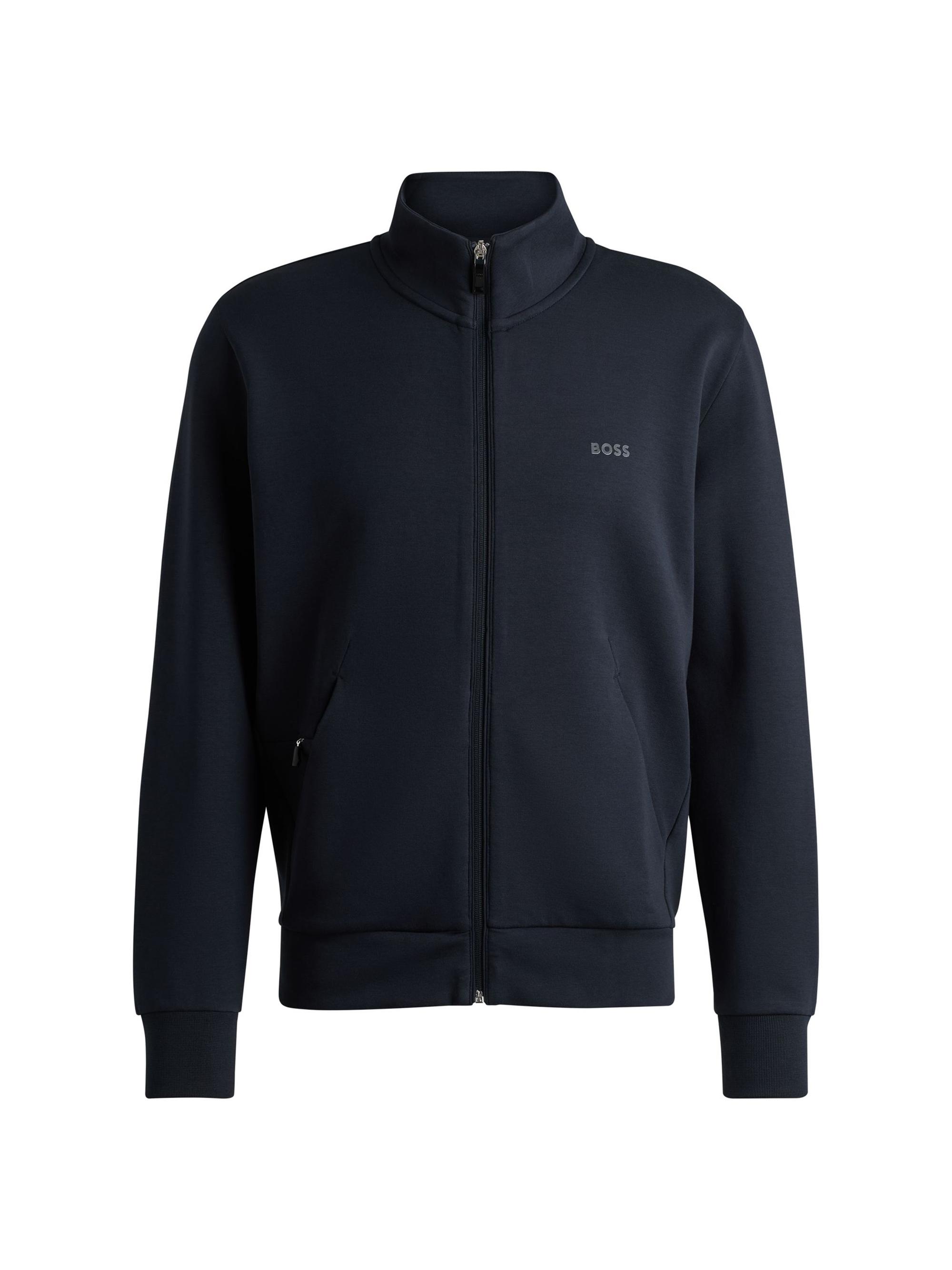 BOSS Men's Stretch-Cotton Zip-Up Sweatshirt with Logo Print - Dark Blue